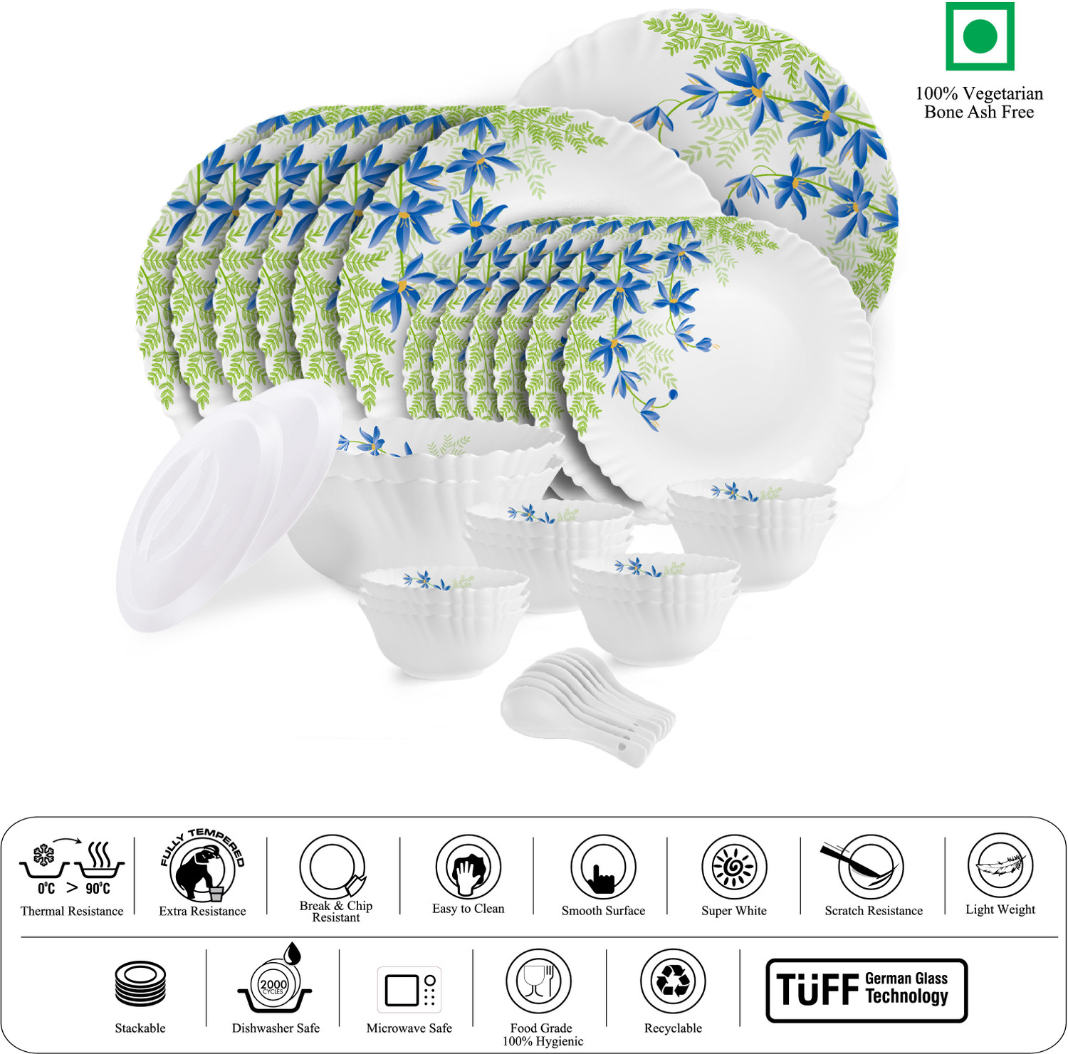 Image of cello Pack of 34 Opalware Dazzle Series Blue Primrose Dinner Set (Green, Blue, Microwave Safe)