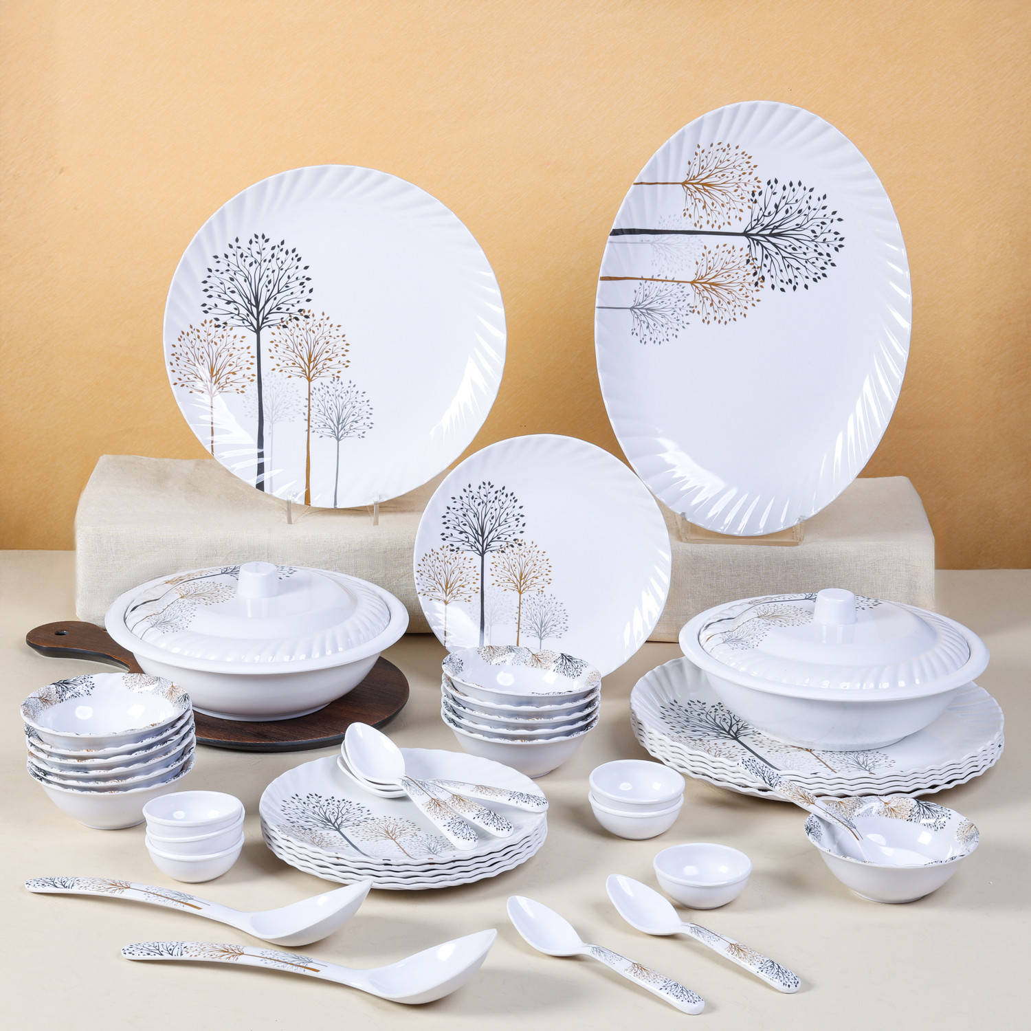 Image of City Gold Pack of 43 Melamin Dinner Set, elegant way to serve dinner to your family or guests, Fluted round Dinner Set