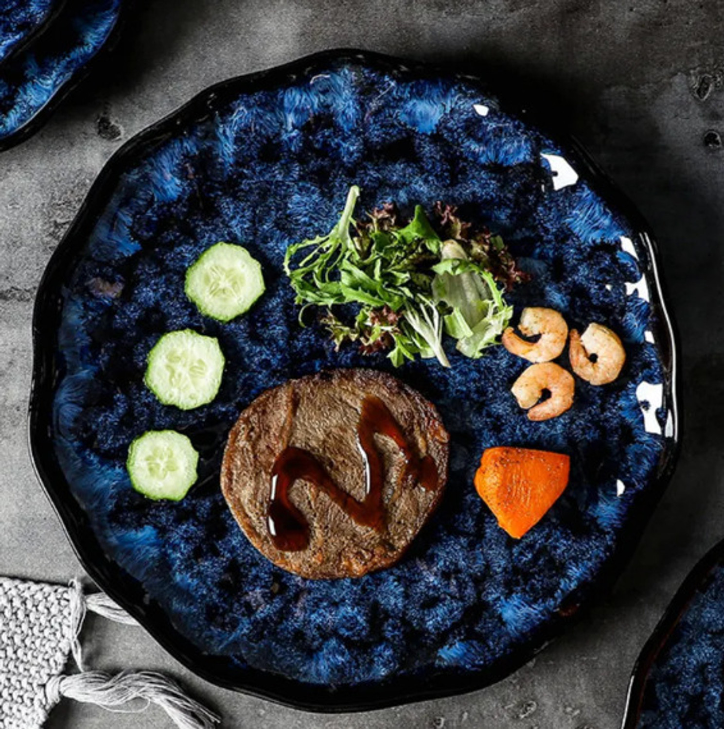 Image of I Mahal Pack of 7 Ceramic Luxury Kiln Transformation Blue Porcelain Dinner Serving Set Dinner Set