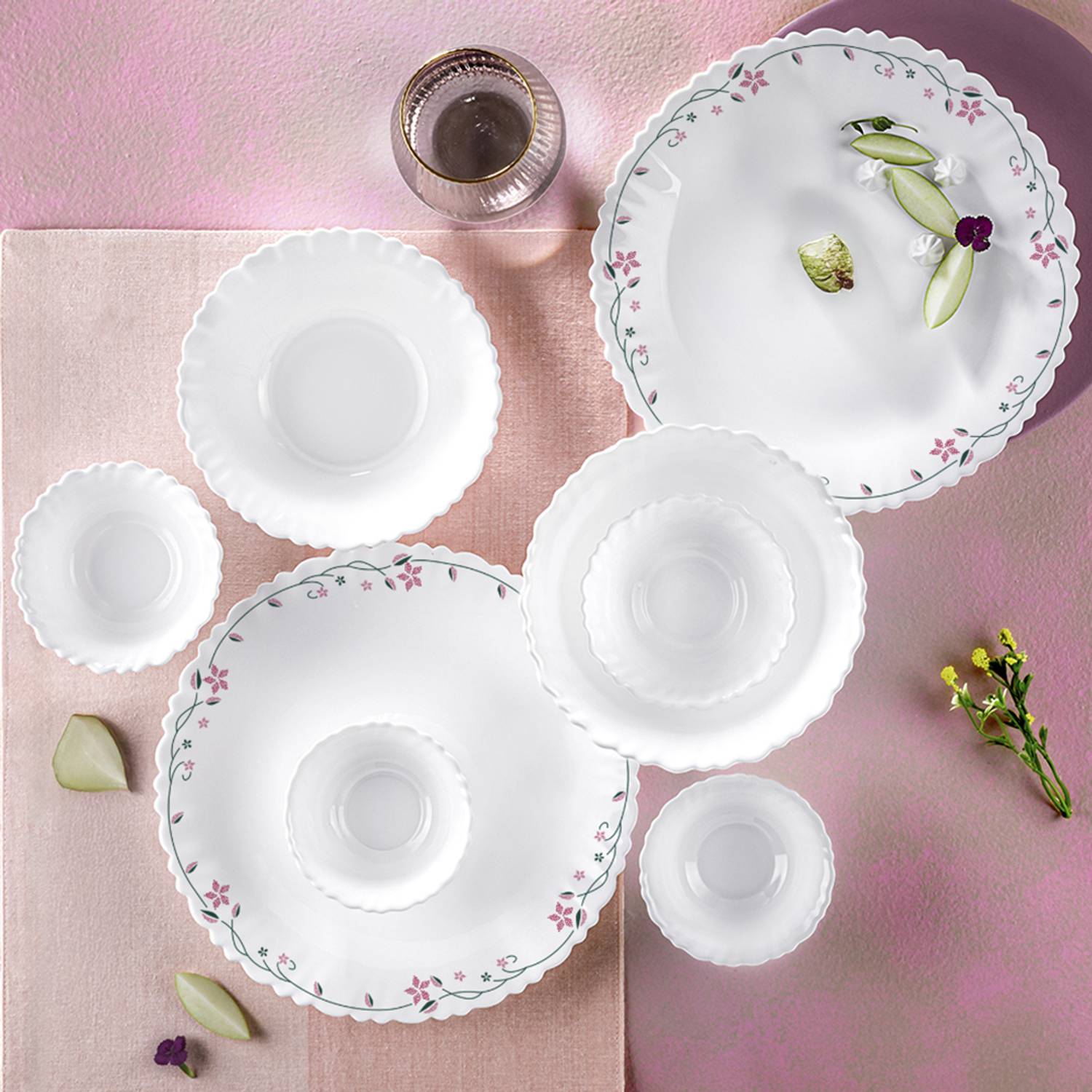 Larah by Borosil Pack of 17 Opalware Galaxy Series Garland Dinnerset for Family of 4, Crockery for Dining & Gifting Dinner Set