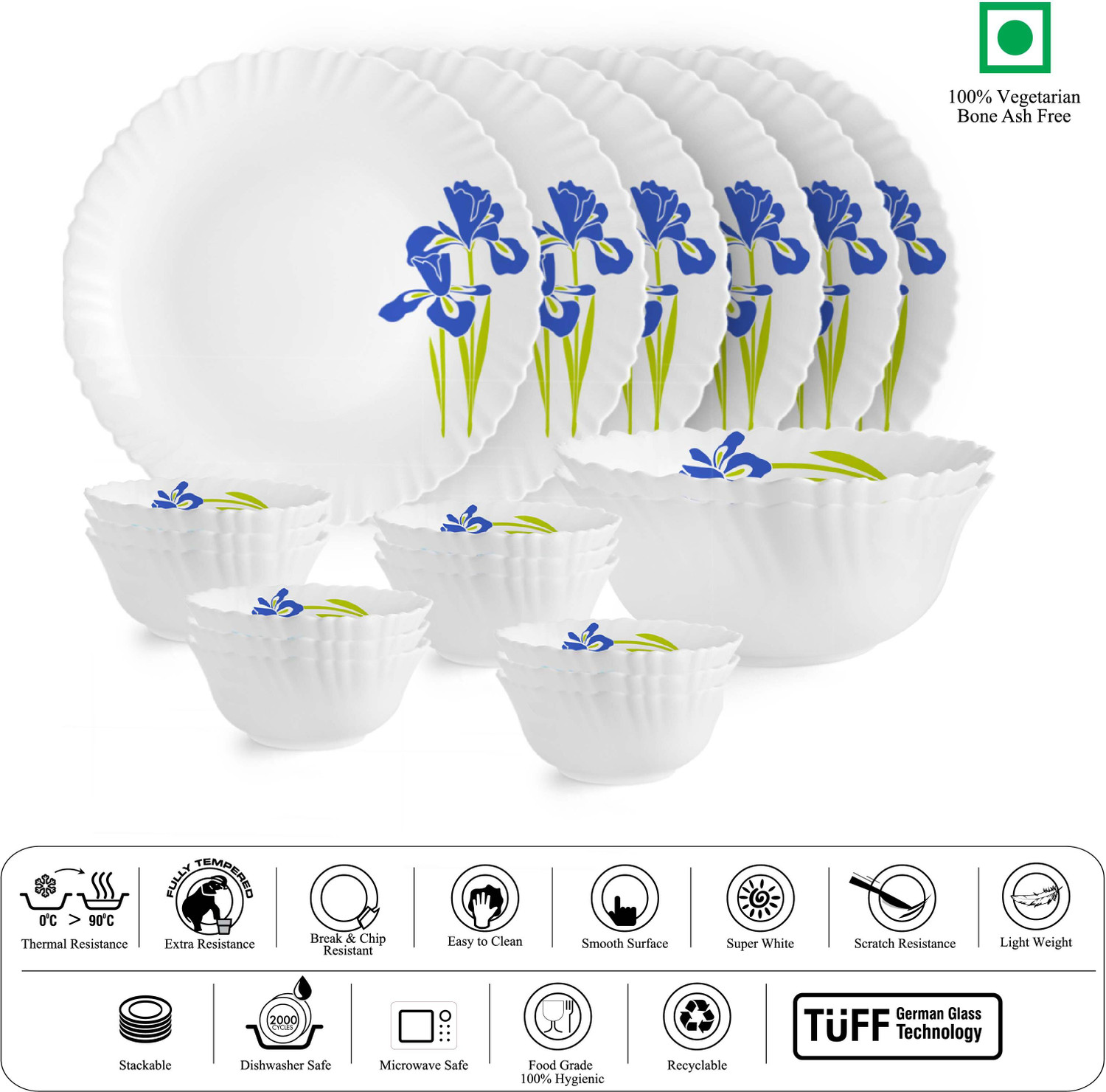 Image of cello Pack of 20 Opalware Dazzle Series Blue Iris Dinner Set | Crockery Set for Daily Use & Gifting Dinner Set