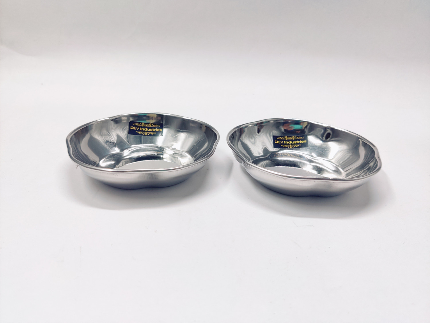 Image of Dev Industries Pack of 2 Stainless Steel Stainless Steel Mirror Finish Flower Shape Halwa Plate 12cm- 120ml Each Dinner Set
