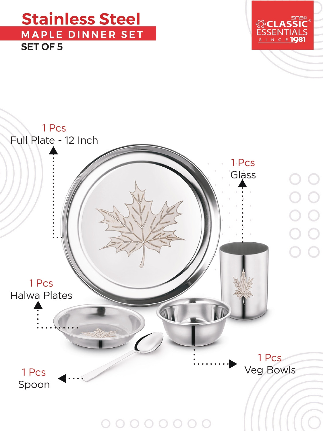 Image of Classic Essentials Pack of 5 Stainless Steel Dinner Set|Heavy Gauge|Kitchen Set|Permanent Laser-Maple Dinner Set