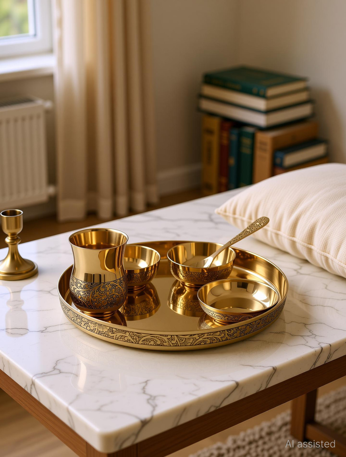 Image of The Healing Store Pack of 6 Bronze pure kansa dinner set eaching design for serving Dinner Set