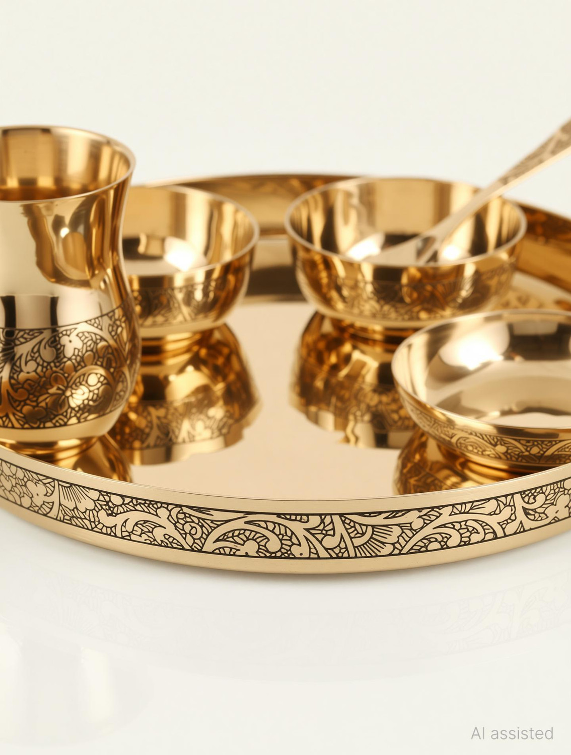Image of The Healing Store Pack of 6 Bronze pure kansa dinner set eaching design for serving Dinner Set