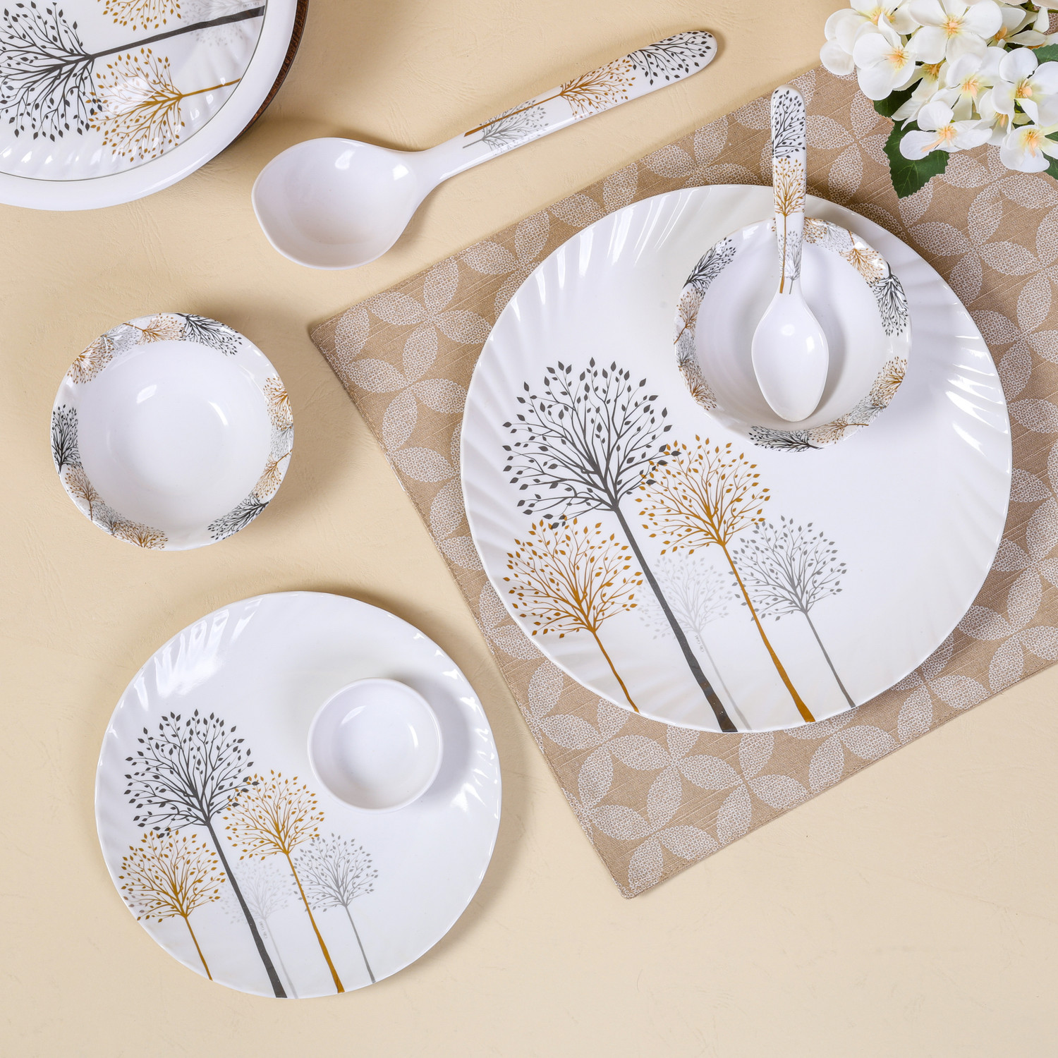 Image of City Gold Pack of 43 Melamin Dinner Set, elegant way to serve dinner to your family or guests, Fluted round Dinner Set