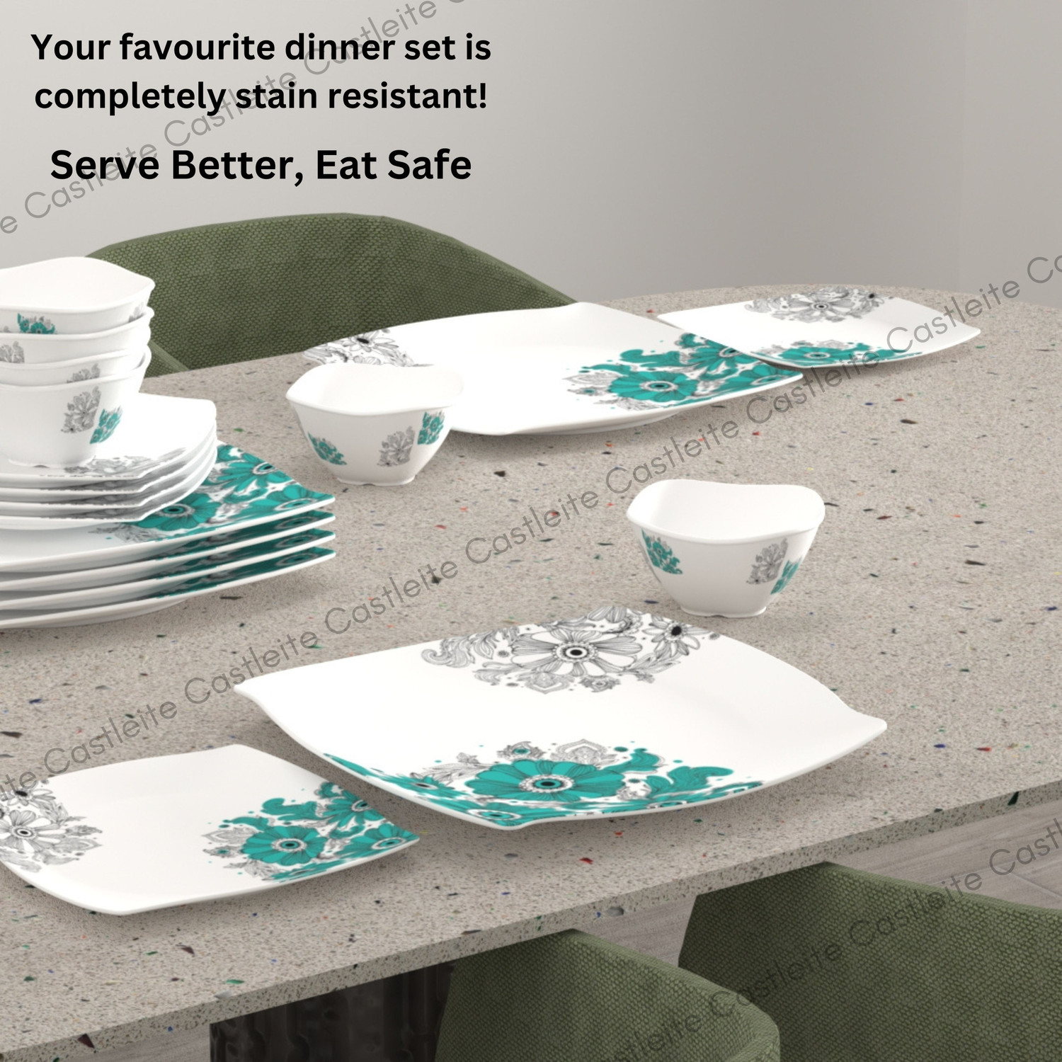 Image of Castleite Pack of 18 Melamin Marvella Lazuli Dream Edgy Designer Crockery Dinner Set