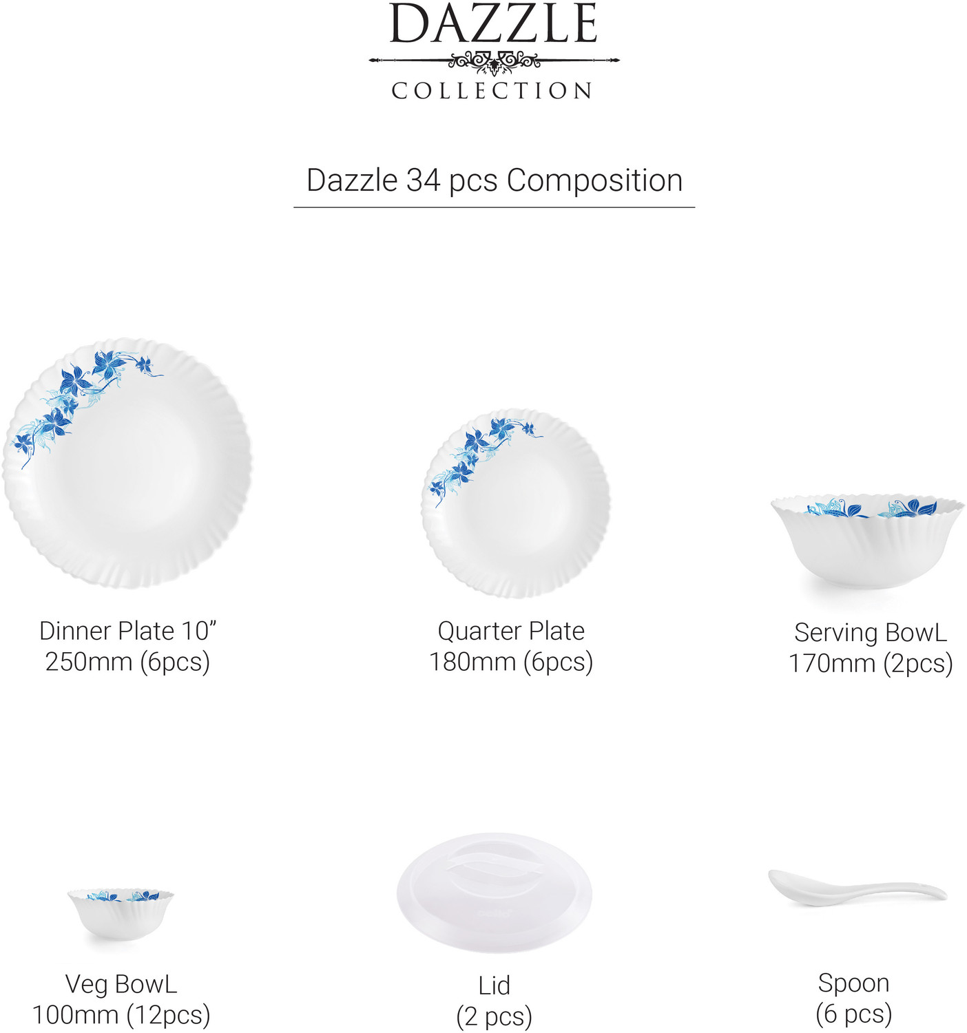 Image of cello Pack of 34 Opalware Dazzle Series Swirl Crockery Dinner Set (Blue, Microwave Safe)