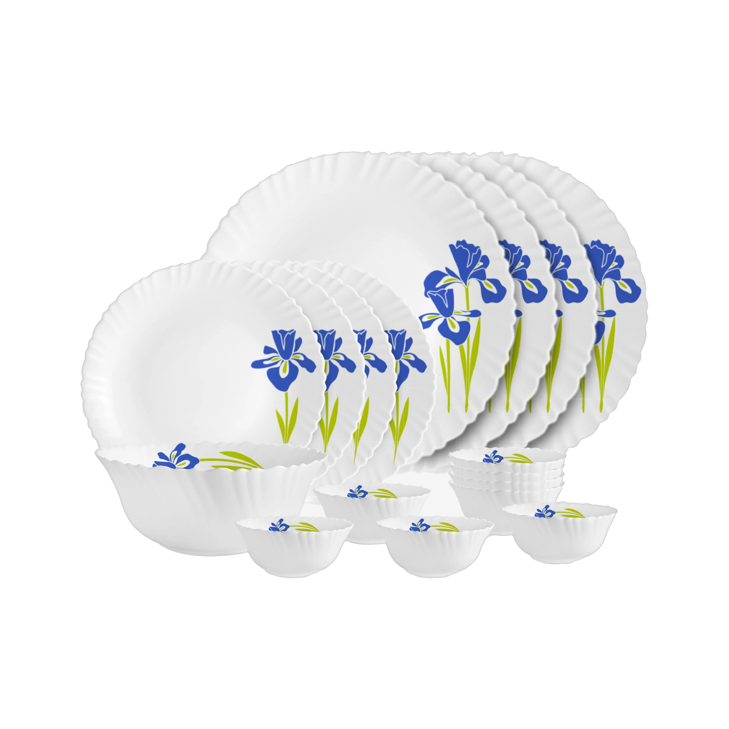 Image of cello Pack of 17 Opalware Dazzle Opalware Blue Iris Dinner Set Dinner Set (Blue, White, Microwave Safe)