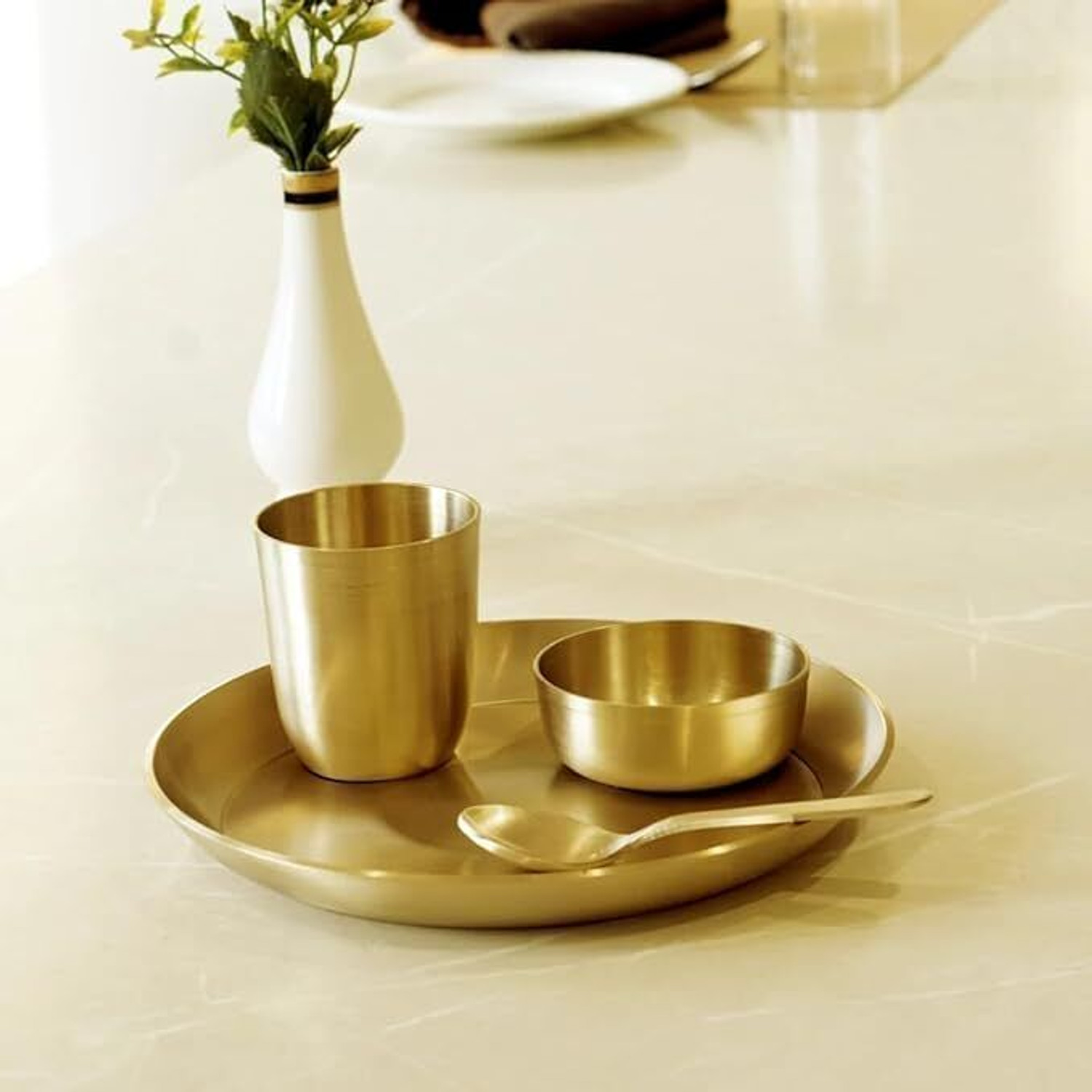 Image of RamMetals Bronze Pure Kansa Bronze Dinner Set with Thali Plate, Glass, Bowl and Spoon (Baby Set ) Dinner Set (Gold)