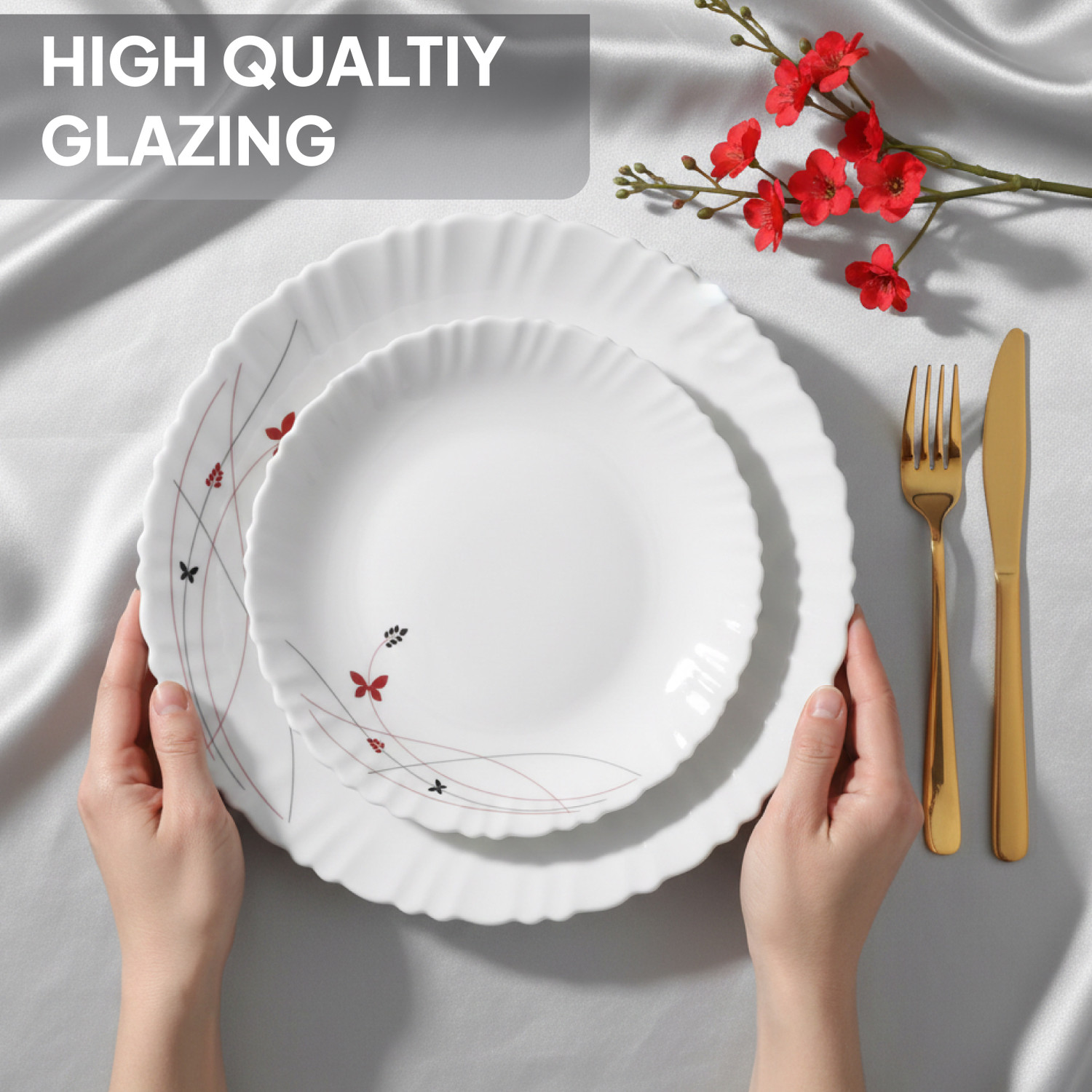 Image of cello Pack of 35 Opalware Dazzle Series Lush Fiesta | Light-Weight, Daily Use Crockery Set for Dining Dinner Set (Red, White, Microwave Safe)