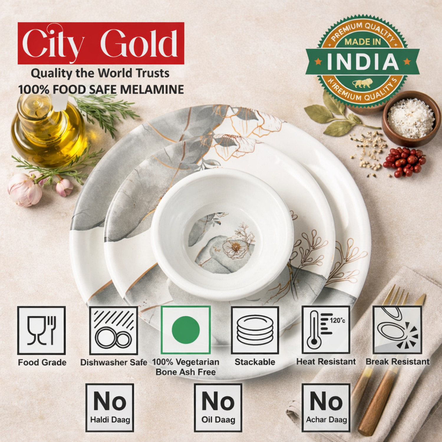 Image of WCSE Pack of 32 Melamin Food Grade Quality, Glossy look, No Haldi Stain, No Oil Stain, No Achar Stain Dinner Set