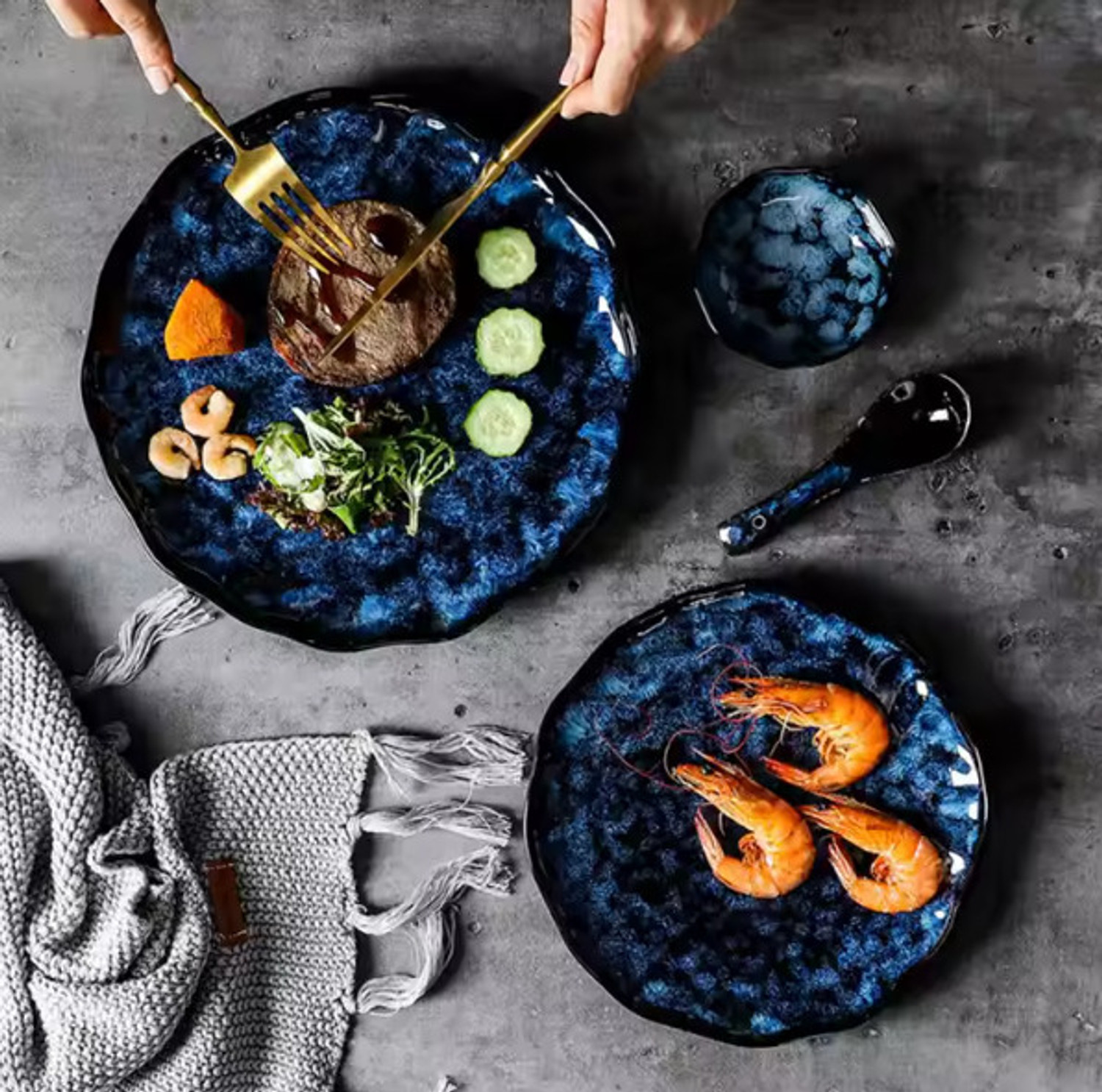 Image of I Mahal Pack of 7 Ceramic Luxury Kiln Transformation Blue Porcelain Dinner Serving Set Dinner Set