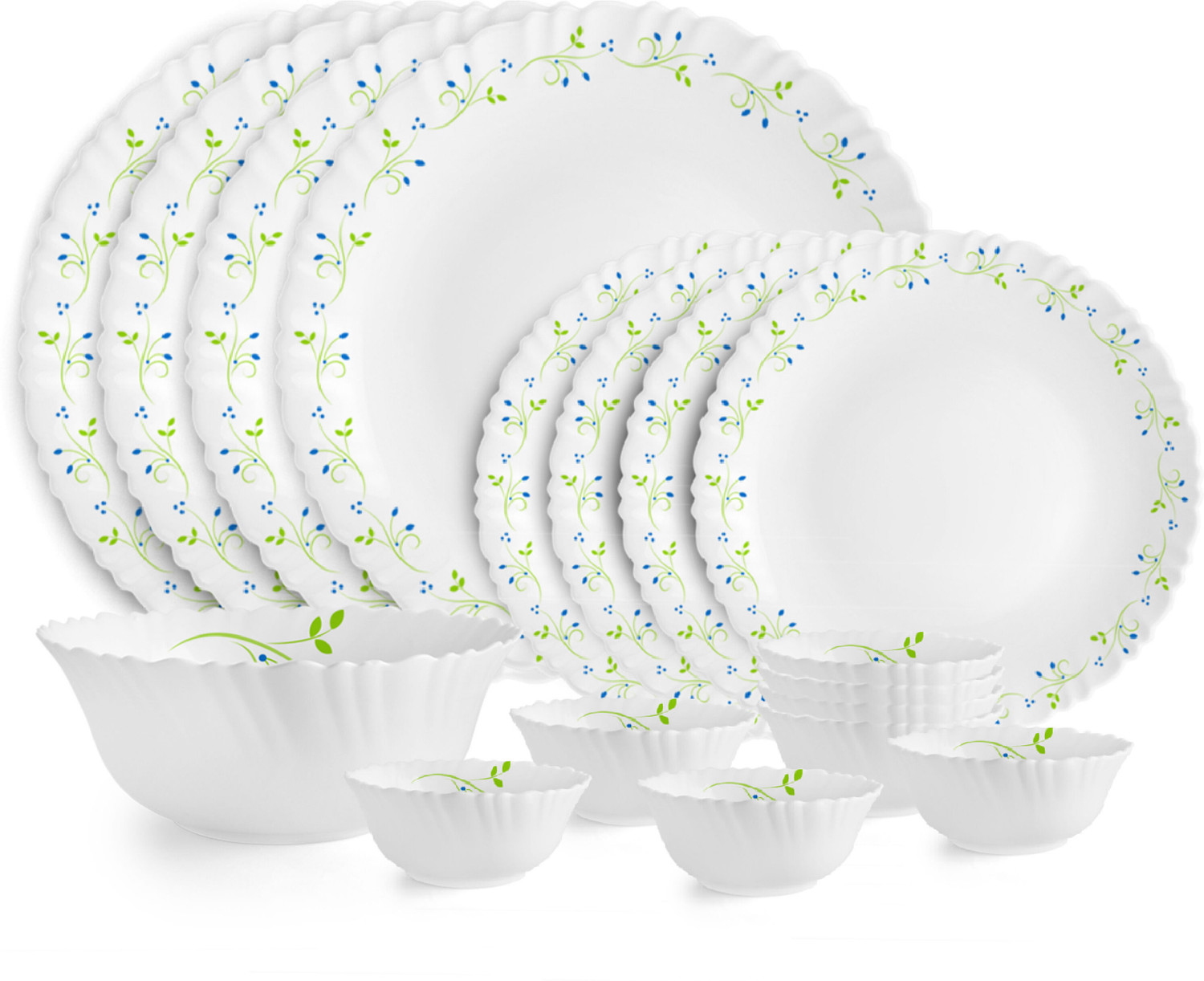 Image of cello Pack of 17 Opalware Dazzle Tropical Lagoon |Crockery| Dinner Set (Green, White, Microwave Safe)