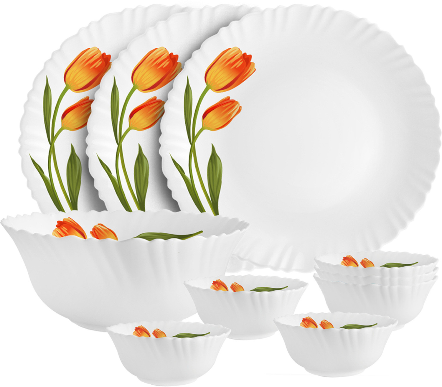 Image of cello Pack of 10 Opalware Dazzle Series Spring Tulip Crockery Set |Dishwasher Safe |Light-Weight Dinner Set (Yellow, Microwave Safe)
