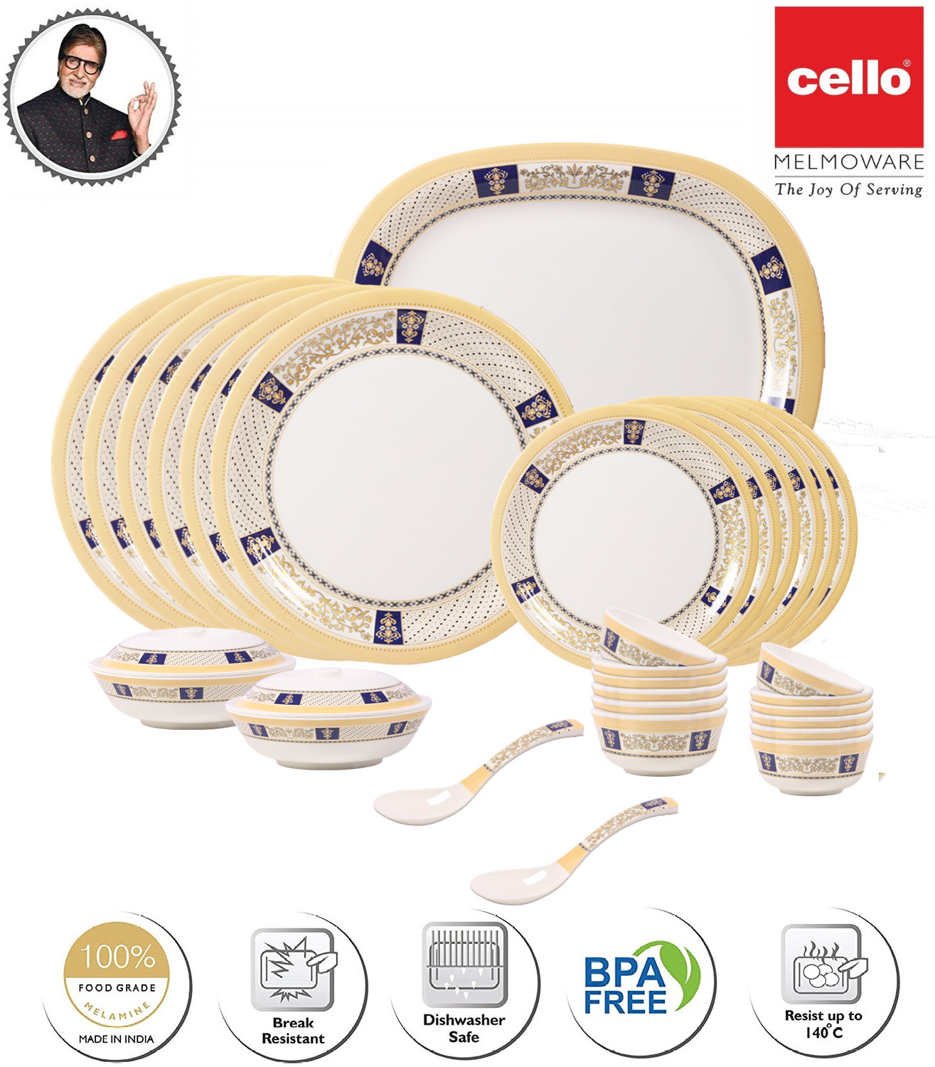 Image of cello Pack of 31 Melamin Flavia Ambrosia 31 Pcs Dinner Set
