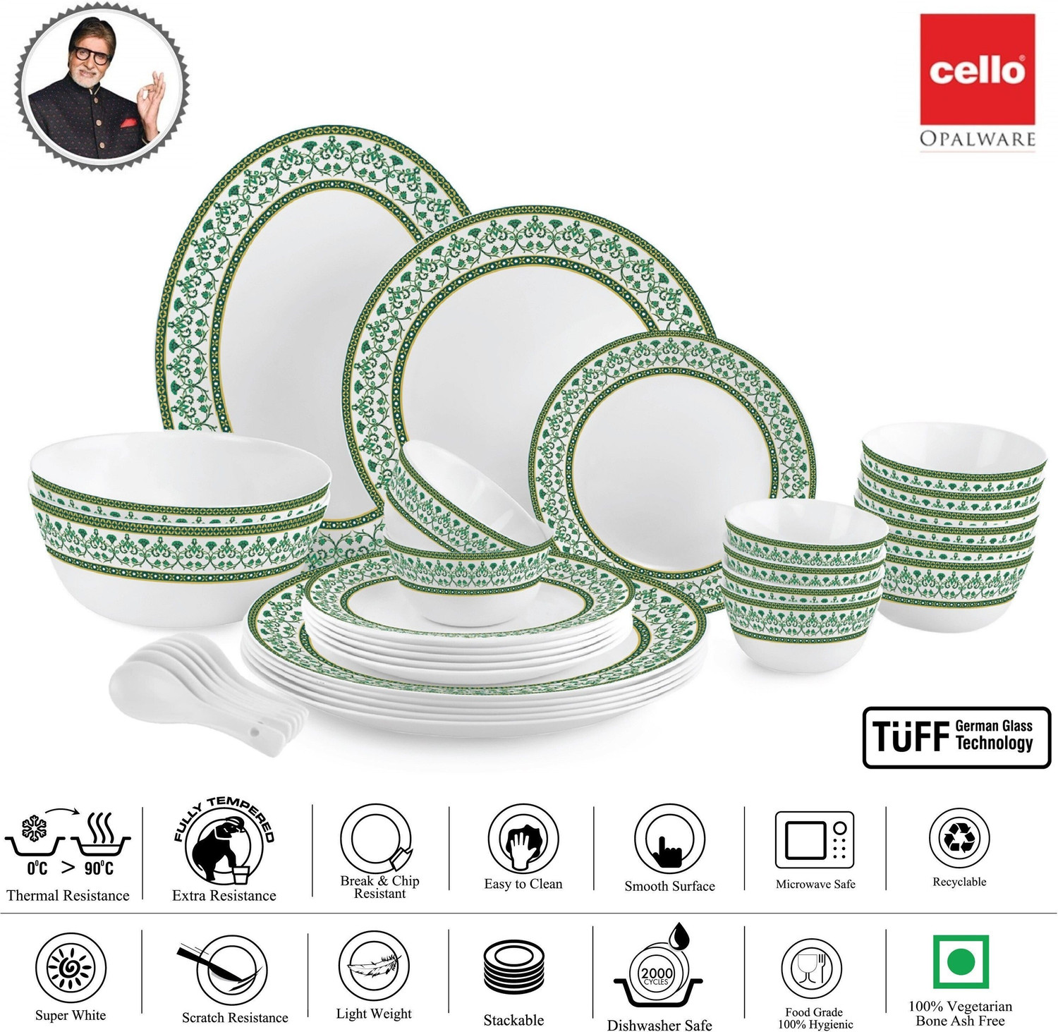Image of cello Pack of 33 Opalware Solitaire Series Verde 33 pcs Dinner Set