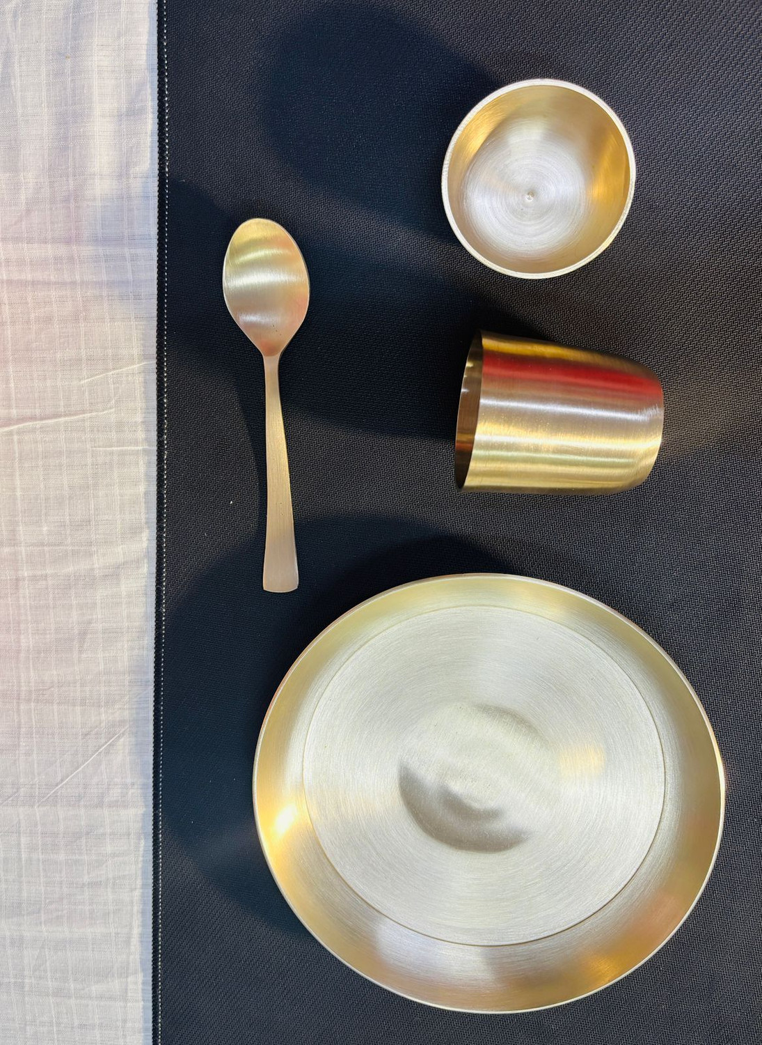 Image of RamMetals Bronze Pure Kansa Bronze Dinner Set with Thali Plate, Glass, Bowl and Spoon (Baby Set ) Dinner Set (Gold)