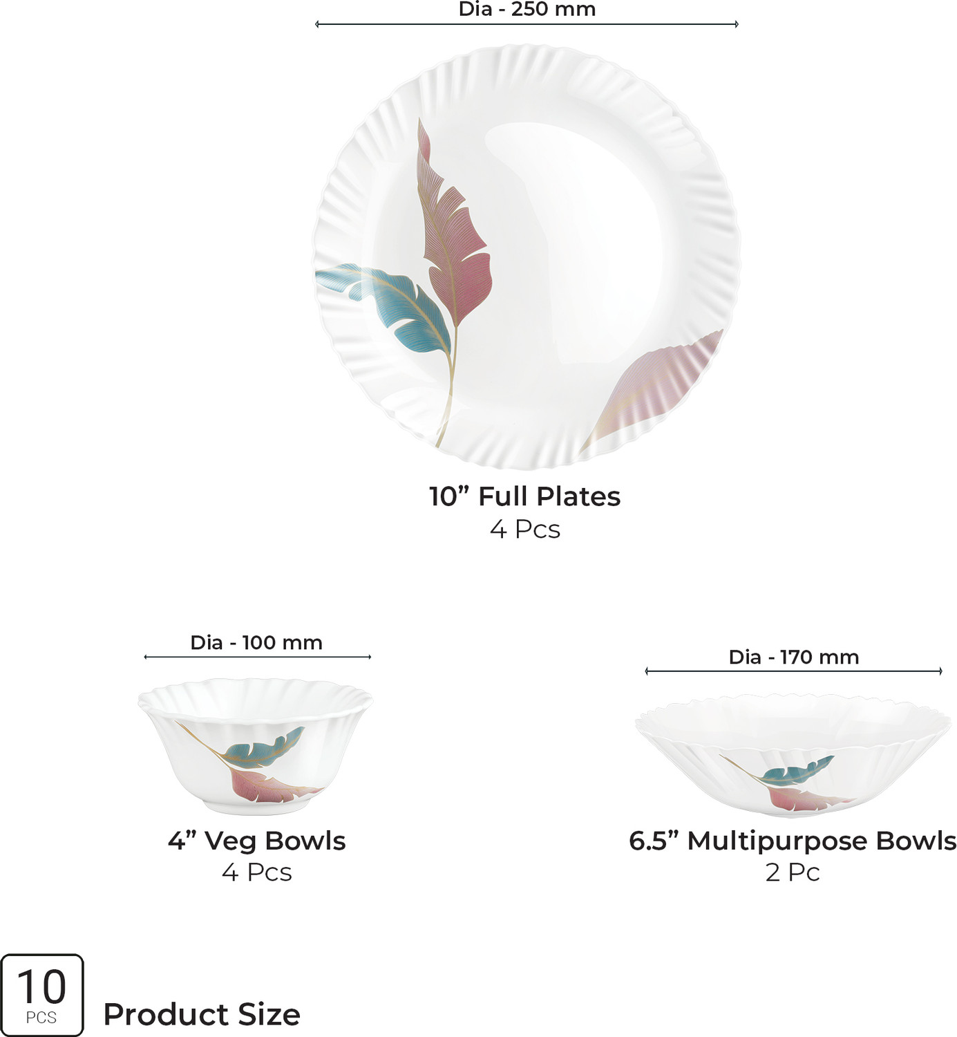 Image of TREO Pack of 10 Opalware Neuma Palma Dinner Set | Serving for 4 | Dishwasher Safe, for Dining & Gifting Dinner Set