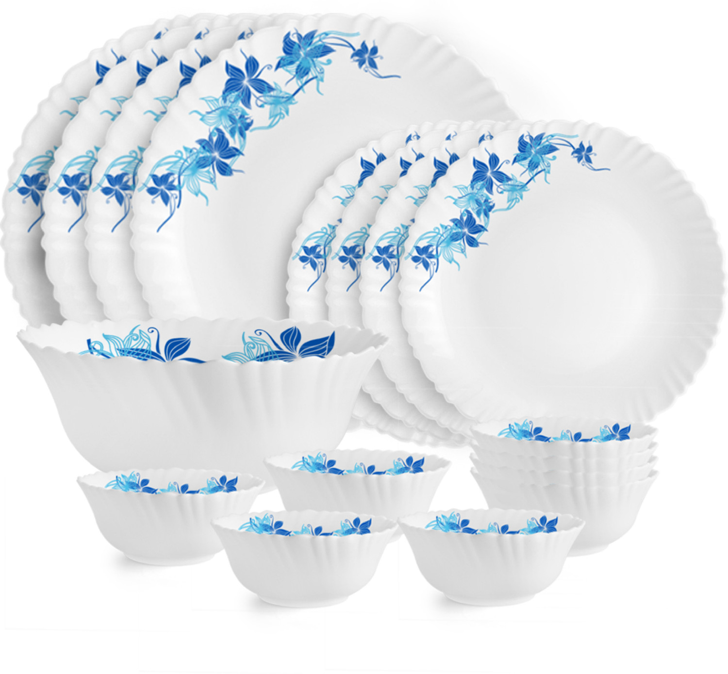 Image of cello Pack of 17 Opalware Dazzle Series Blue Swirl Crockery Set | Dishwasher Safe | Light-Weight Dinner Set (Blue, Microwave Safe)