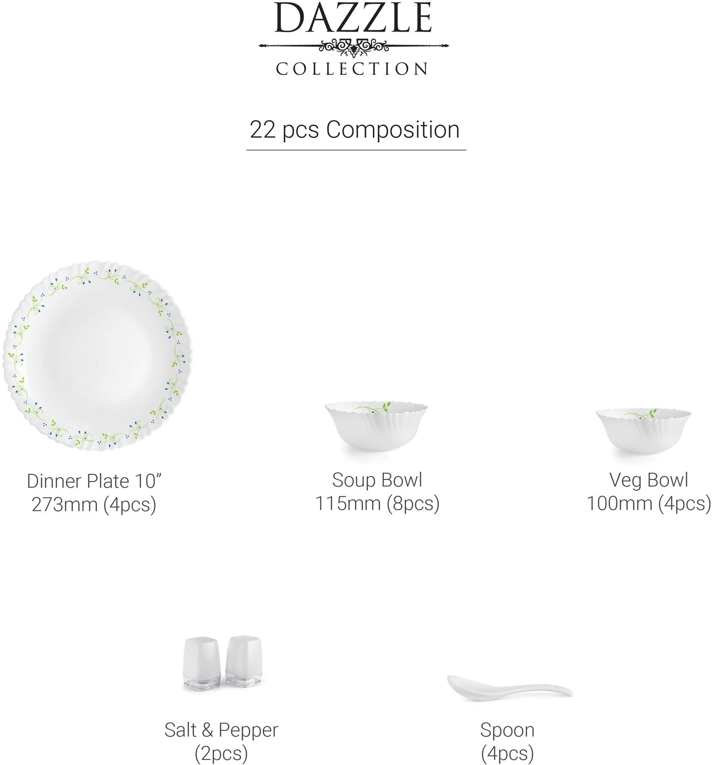 Image of cello Pack of 22 Opalware Tropical Lagoon |Crockery Set | Dinner Set (Green, White, Microwave Safe)