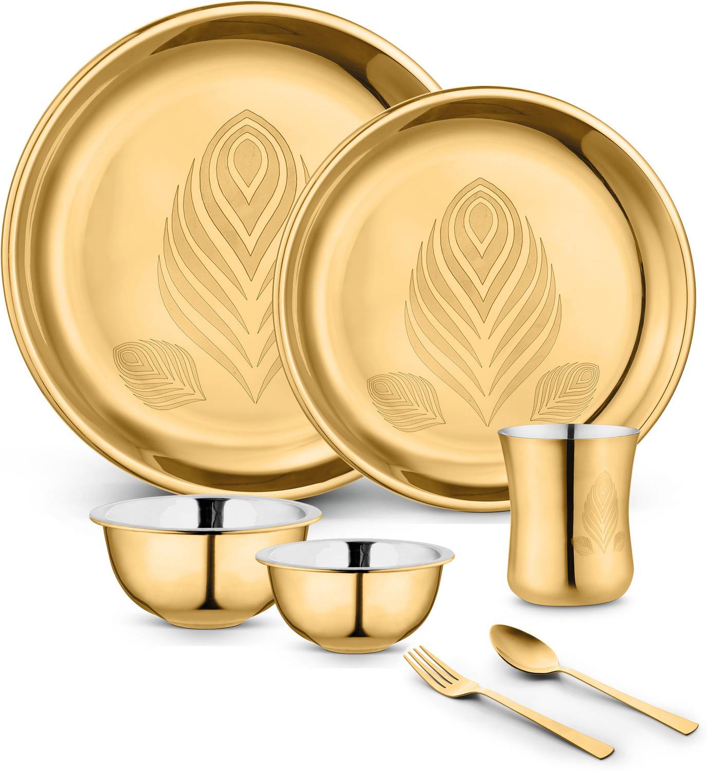 Classic Essentials Pack of 7 Stainless Steel Divine Dinner Set, High Grade PVD Coating with Permanent Laser Design Dinner Set — Kitchen Tools & Gadgets
