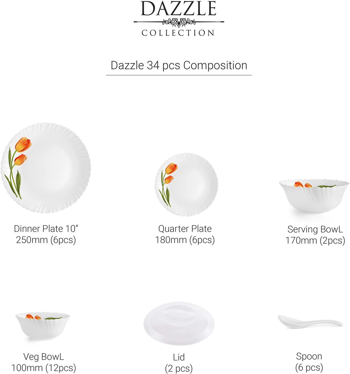 Image of cello Pack of 34 Opalware Dazzle Spring Tulip | Light Weight | Extra Strong | scratch resistant Dinner Set