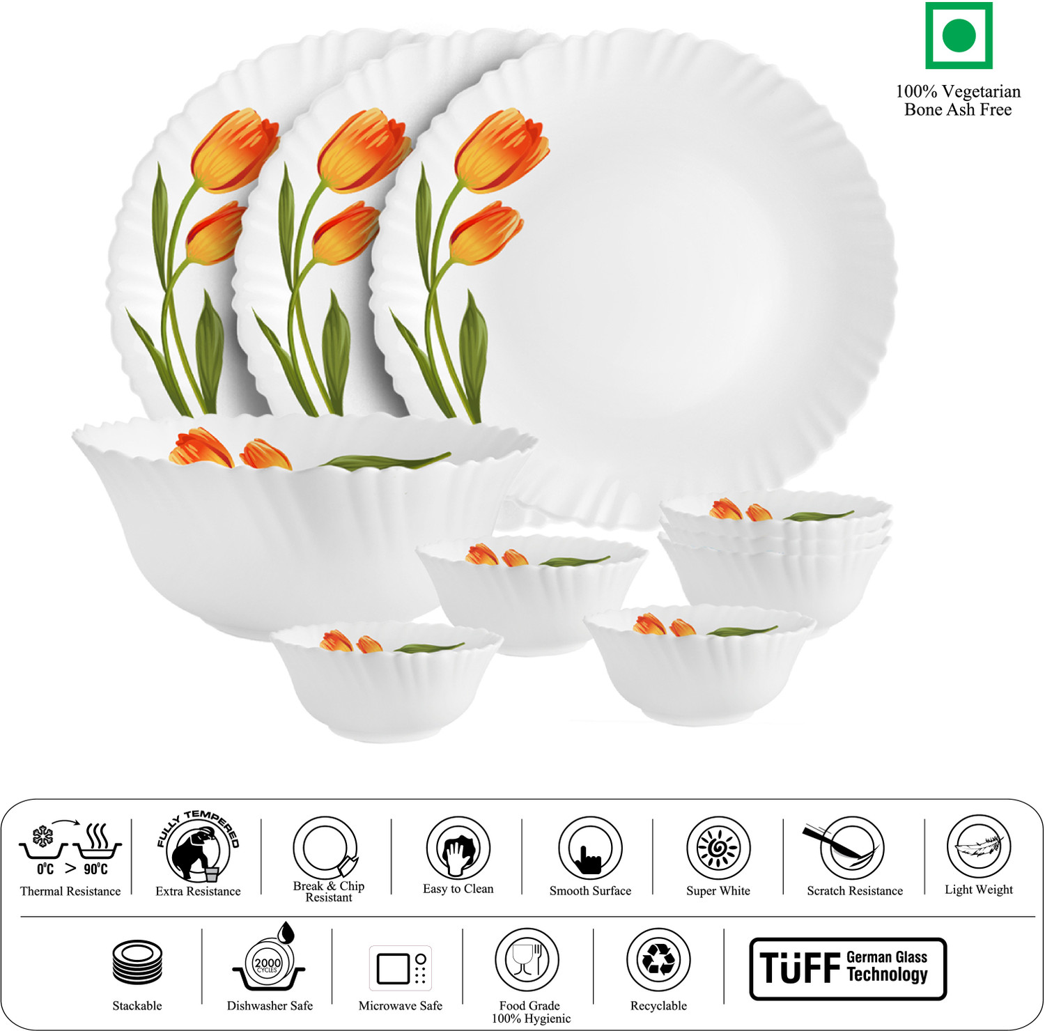Image of cello Pack of 10 Opalware Dazzle Series Spring Tulip Crockery Set |Dishwasher Safe |Light-Weight Dinner Set (Yellow, Microwave Safe)