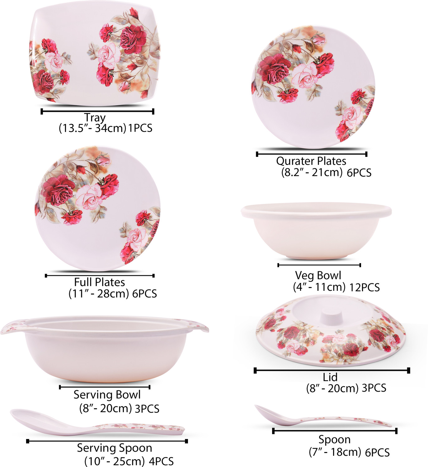 Image of Home-pro Pack of 40 Melamin Dinner set Everyday Elegant, Stain Resistant, Beautiful Red & Pink Floral Design Dinner Set