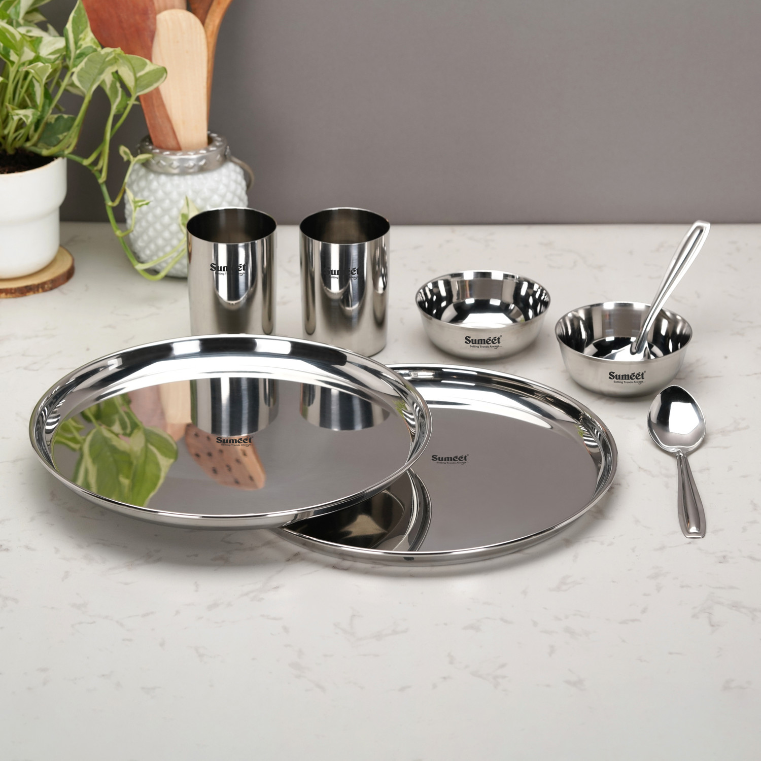 Image of Sumeet Pack of 8 Stainless Steel Stainless Steel Heavy Gauge Mirror Finish Dinner set of 8 Pcs Dinner Set