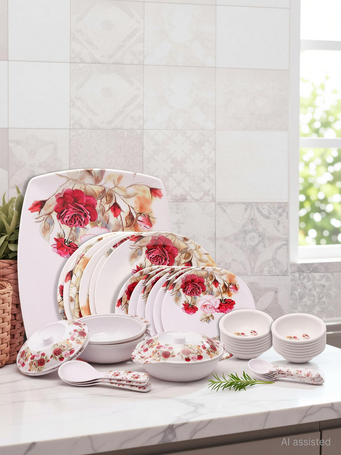 Image of Home-pro Pack of 40 Melamin Dinner set Everyday Elegant, Stain Resistant, Beautiful Red & Pink Floral Design Dinner Set