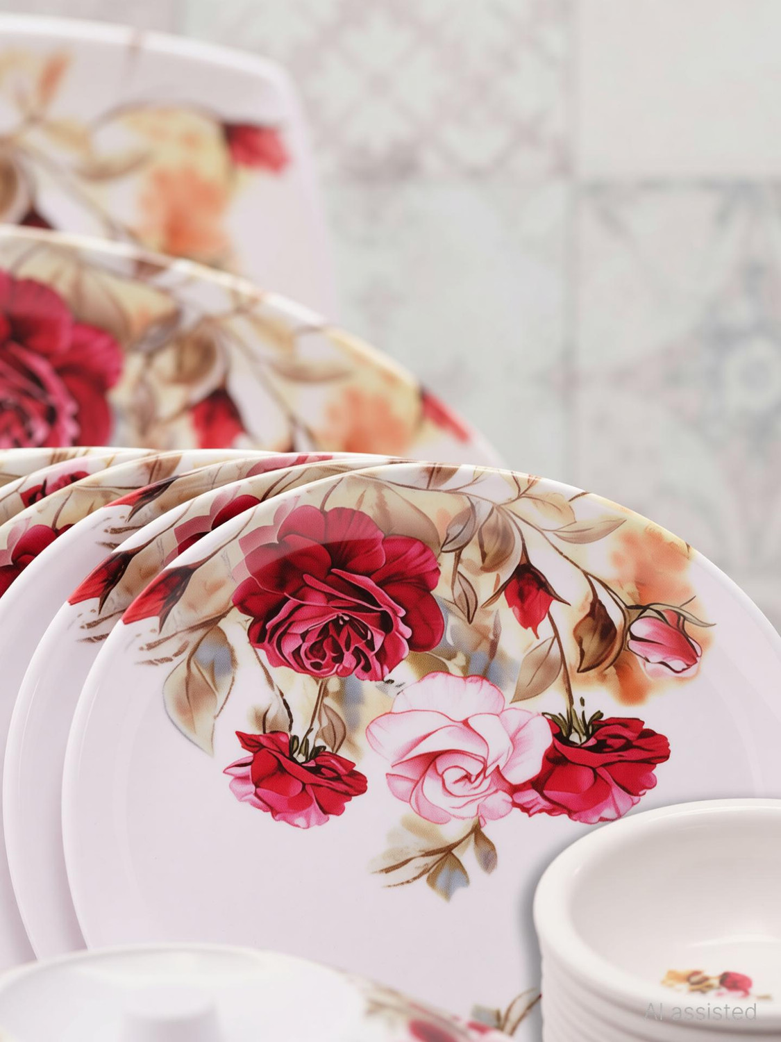 Image of Home-pro Pack of 40 Melamin Dinner set Everyday Elegant, Stain Resistant, Beautiful Red & Pink Floral Design Dinner Set