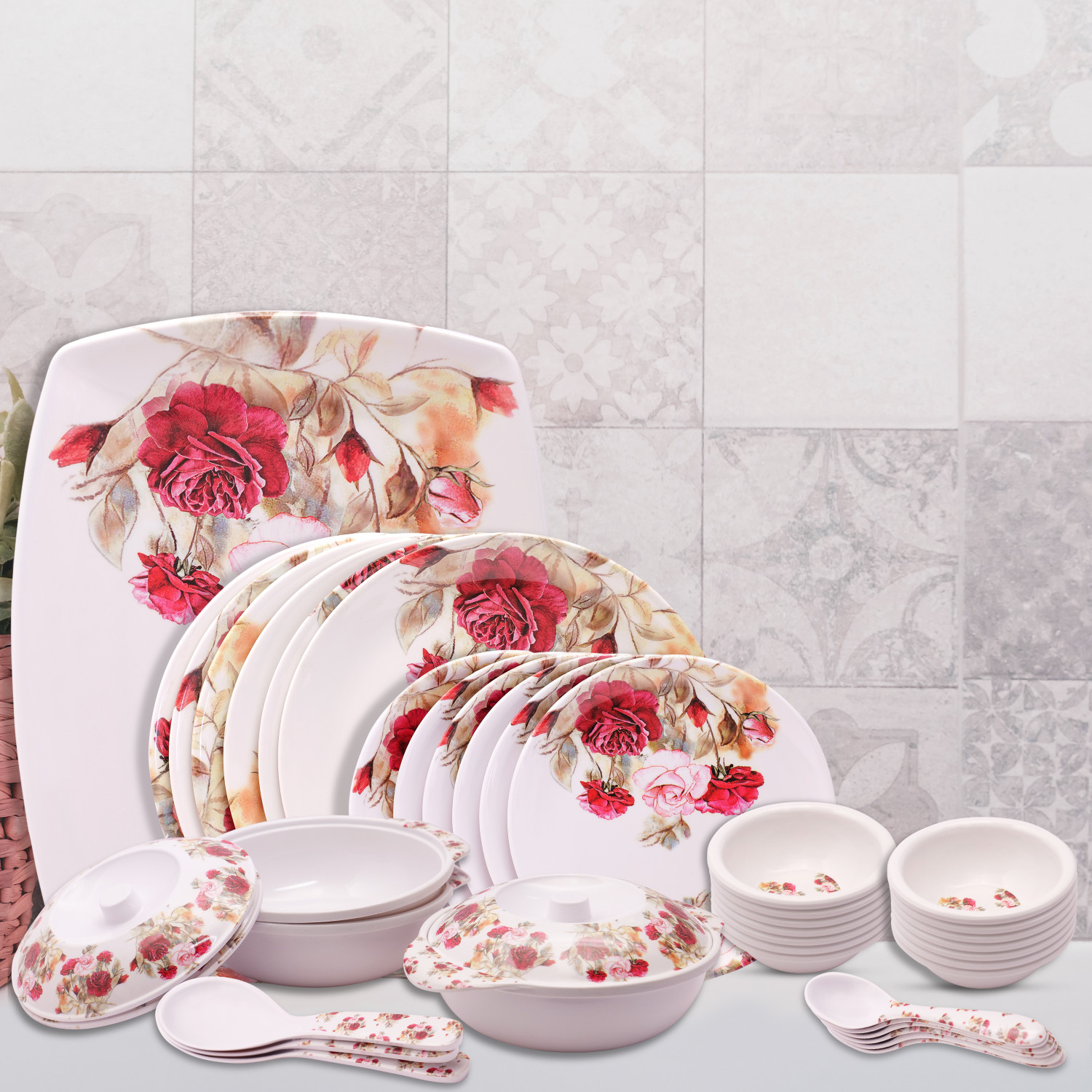 Image of Home-pro Pack of 40 Melamin Dinner set Everyday Elegant, Stain Resistant, Beautiful Red & Pink Floral Design Dinner Set