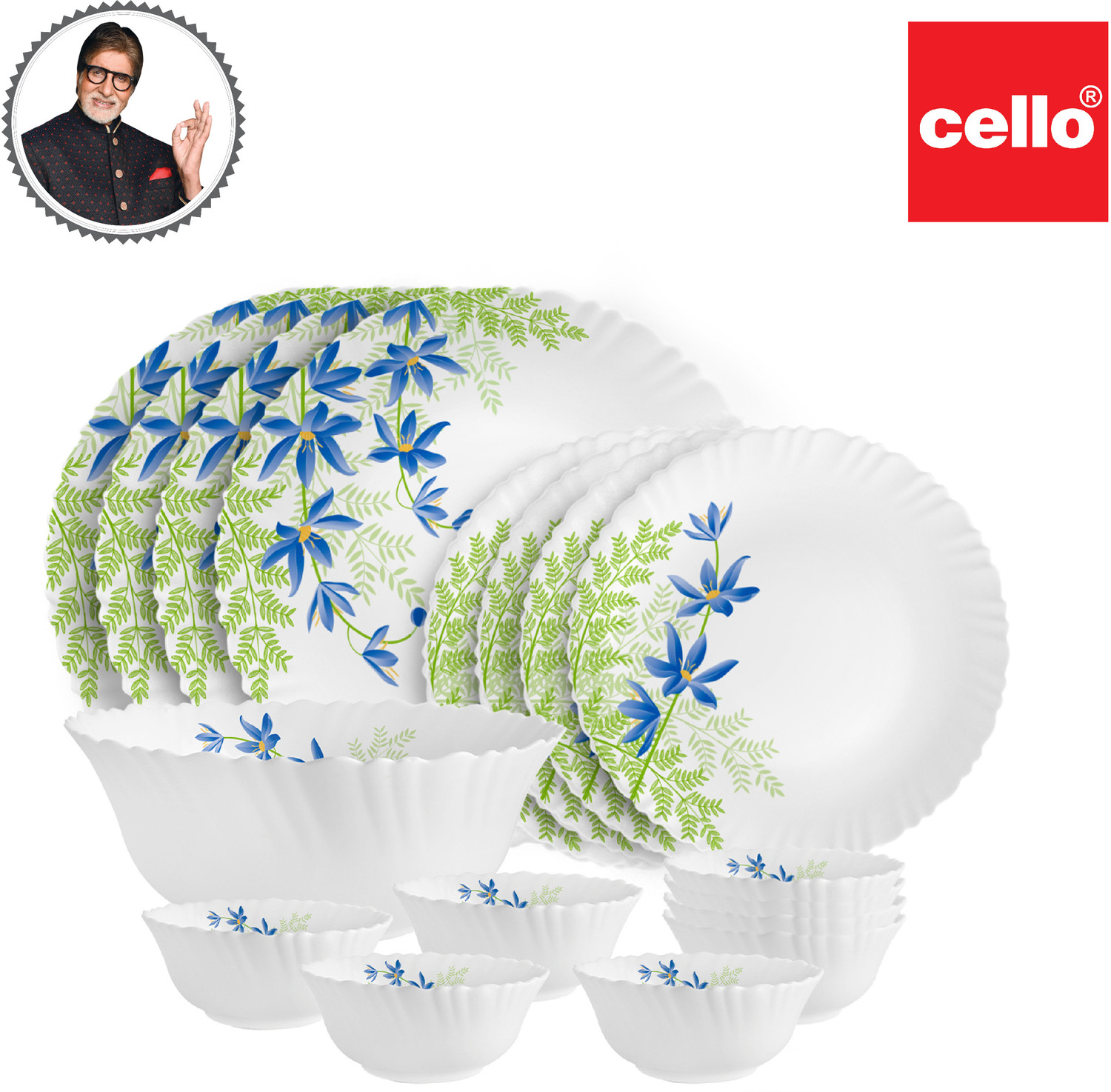Image of cello Pack of 17 Opalware Dazzle Series Blue Primrose Crockery Set |Dishwasher Safe|Light-Weight Dinner Set (Green, Blue, Microwave Safe)