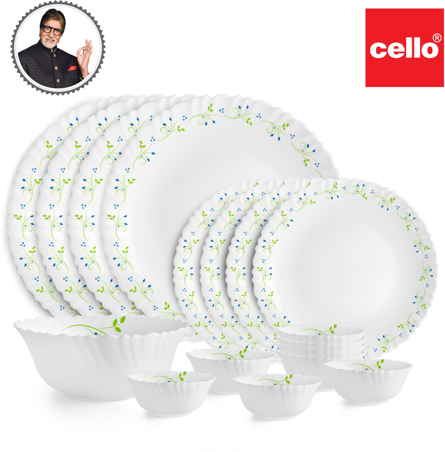 Image of cello Pack of 17 Opalware Dazzle Tropical Lagoon |Crockery| Dinner Set (Green, White, Microwave Safe)