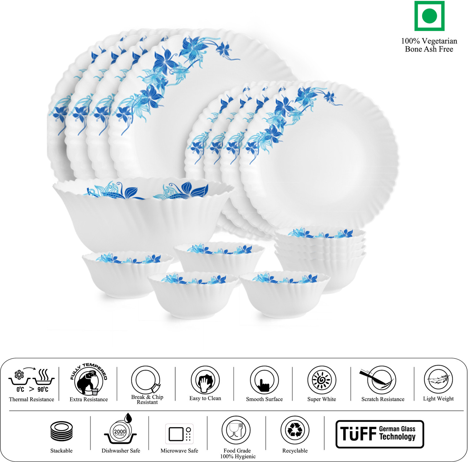 Image of cello Pack of 17 Opalware Dazzle Series Blue Swirl Crockery Set | Dishwasher Safe | Light-Weight Dinner Set (Blue, Microwave Safe)
