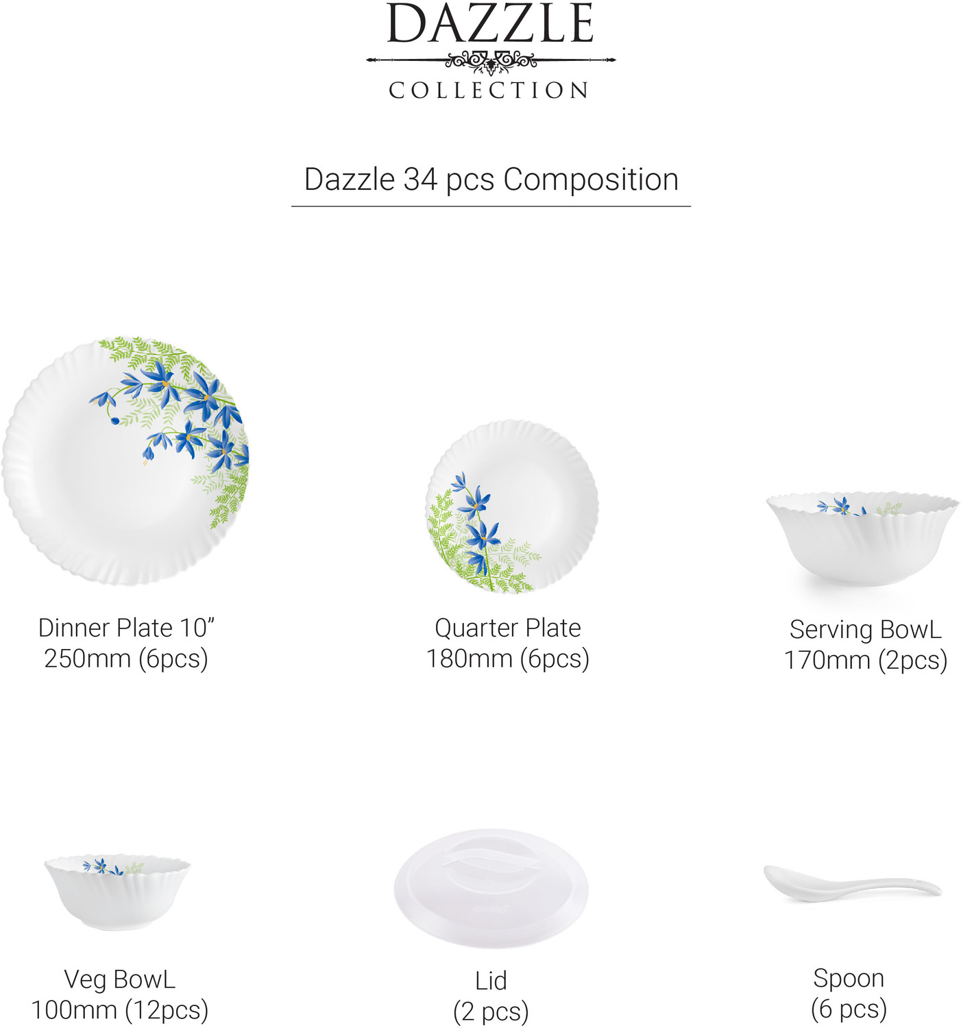 Image of cello Pack of 34 Opalware Dazzle Series Blue Primrose Dinner Set (Green, Blue, Microwave Safe)