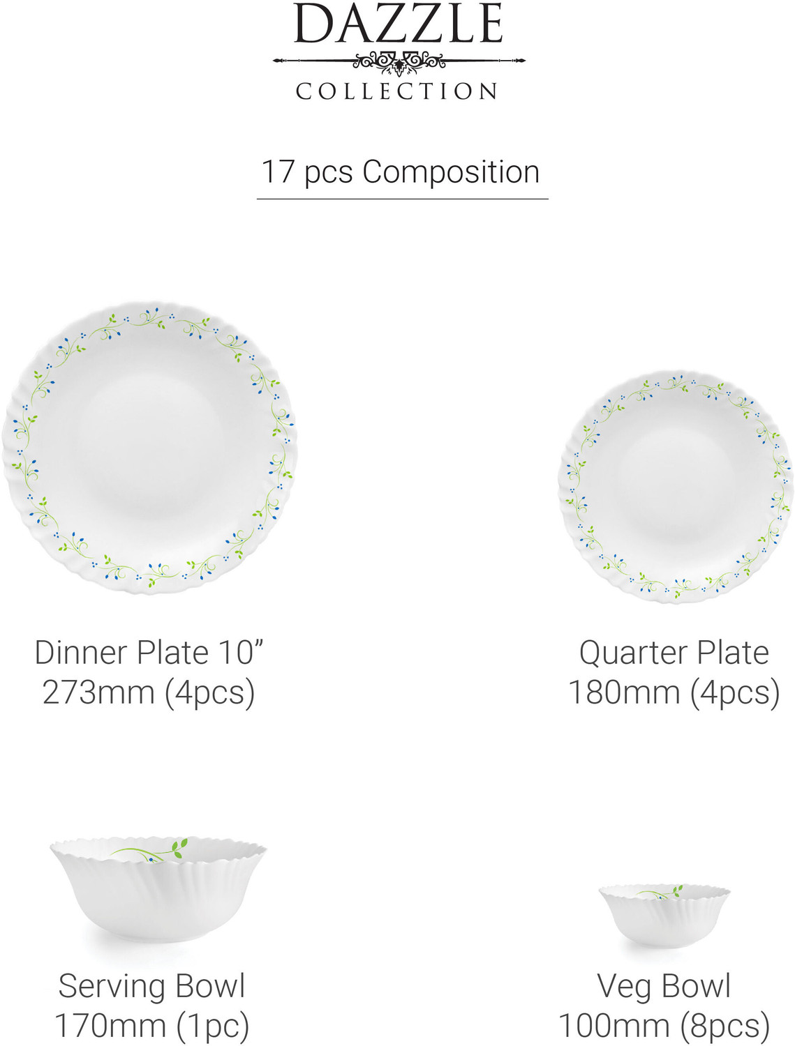 Image of cello Pack of 17 Opalware Dazzle Tropical Lagoon |Crockery| Dinner Set (Green, White, Microwave Safe)