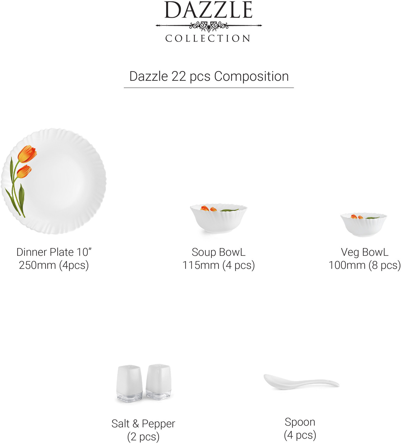 Image of cello Pack of 22 Opalware Dazzle Series Spring Tulip Crockery Set |Dishwasher Safe| Light-Weight Dinner Set (Yellow, Microwave Safe)