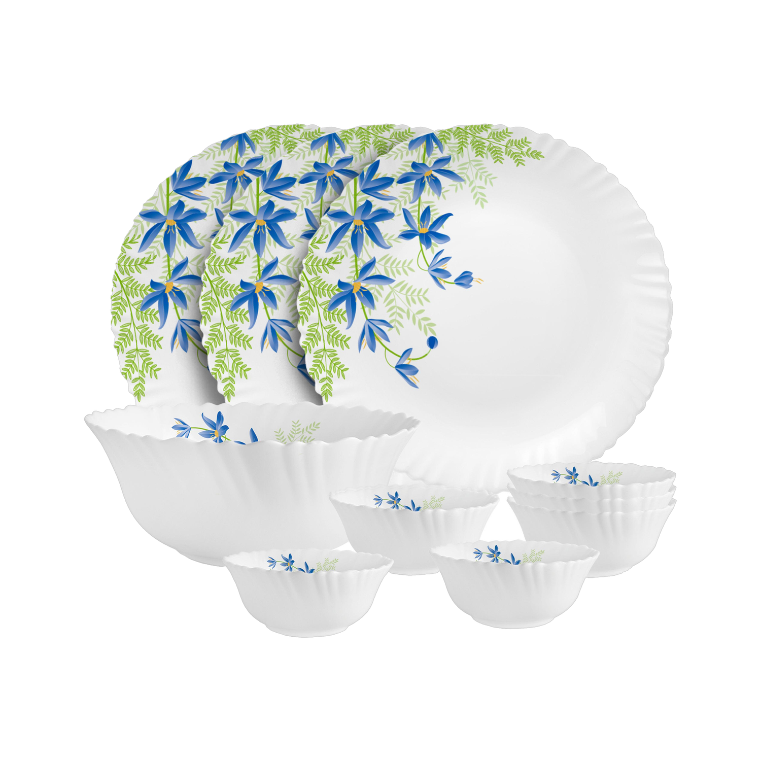 Image of cello Pack of 10 Opalware Dazzle Series Blue Primrose Crockery Set |Dishwasher Safe|Light-Weight Dinner Set (Green, Blue, Microwave Safe)