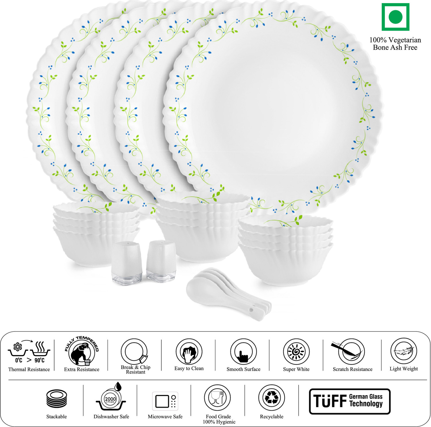 Image of cello Pack of 22 Opalware Tropical Lagoon |Crockery Set | Dinner Set (Green, White, Microwave Safe)