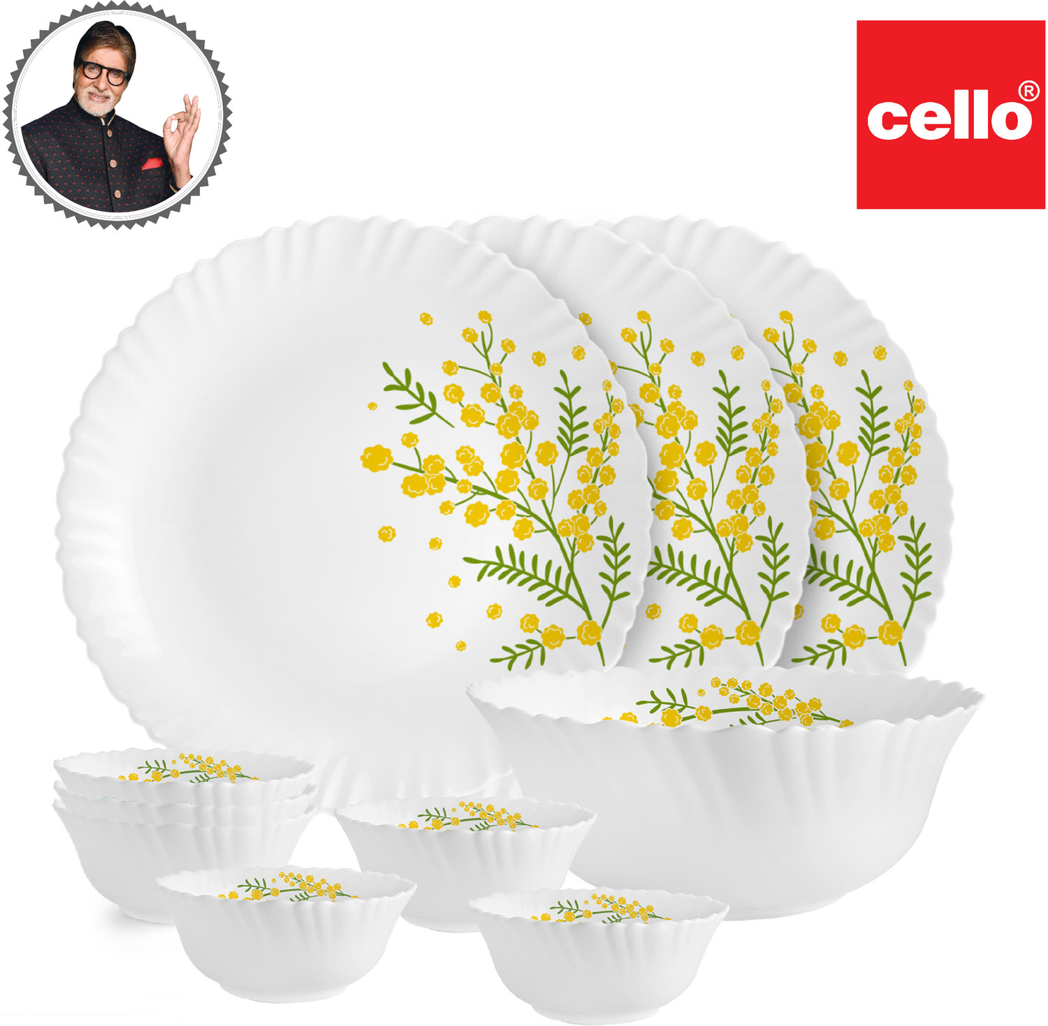 Image of cello Pack of 10 Opalware Dazzle Series Girasol Crockery Set | Dishwasher Safe | Light-Weight Dinner Set (Yellow, Green, Microwave Safe)