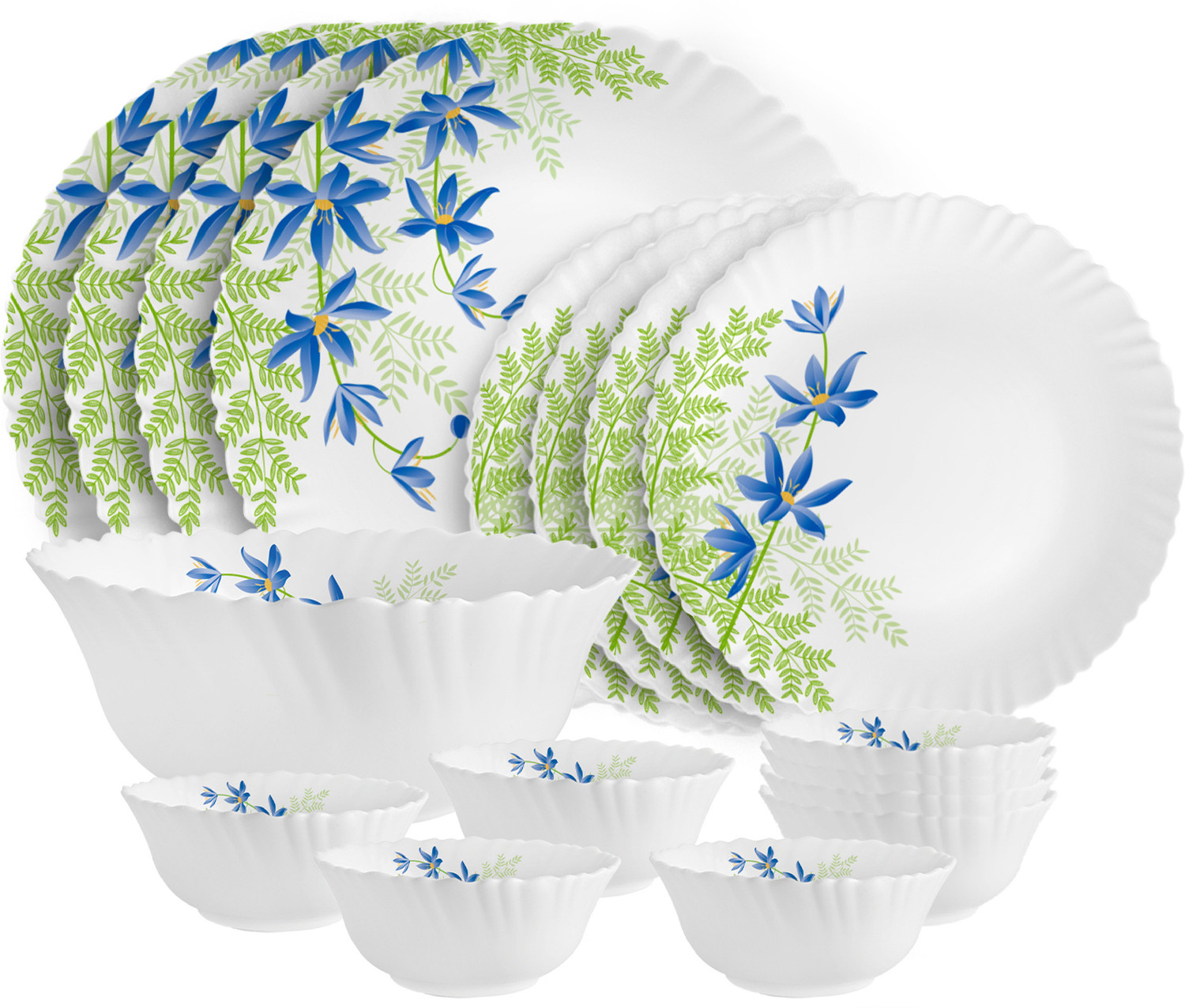 Image of cello Pack of 17 Opalware Dazzle Series Blue Primrose Crockery Set |Dishwasher Safe|Light-Weight Dinner Set (Green, Blue, Microwave Safe)