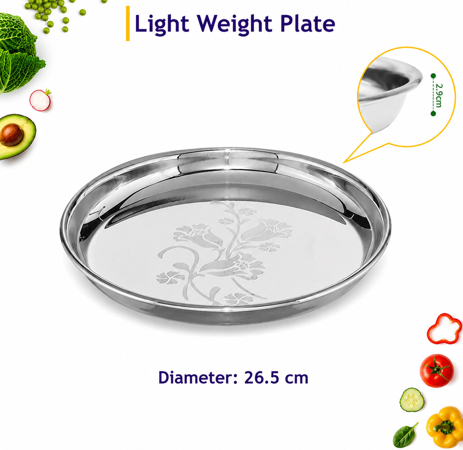 Image of jayveer Pack of 2 Stainless Steel Light Weight Dinner Plate / 26 Guage Steel Thali- Dia 26.5 cm Dinner Set