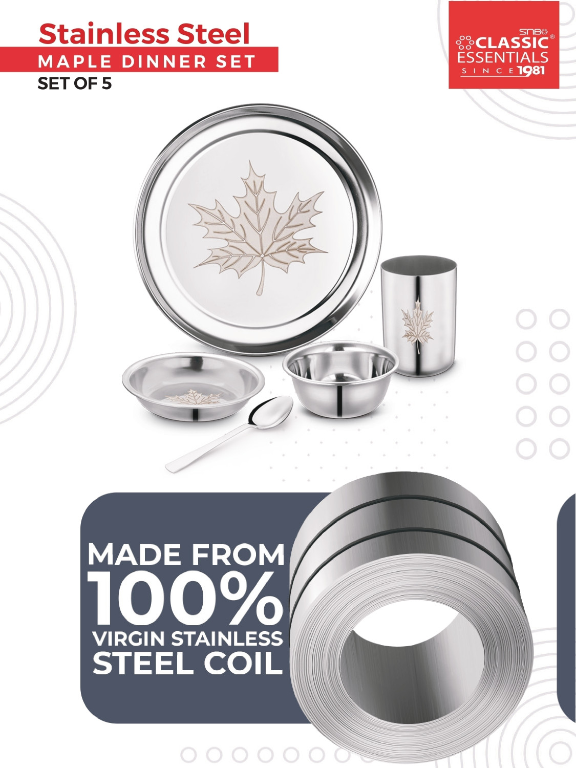 Image of Classic Essentials Pack of 5 Stainless Steel Dinner Set|Heavy Gauge|Kitchen Set|Permanent Laser-Maple Dinner Set
