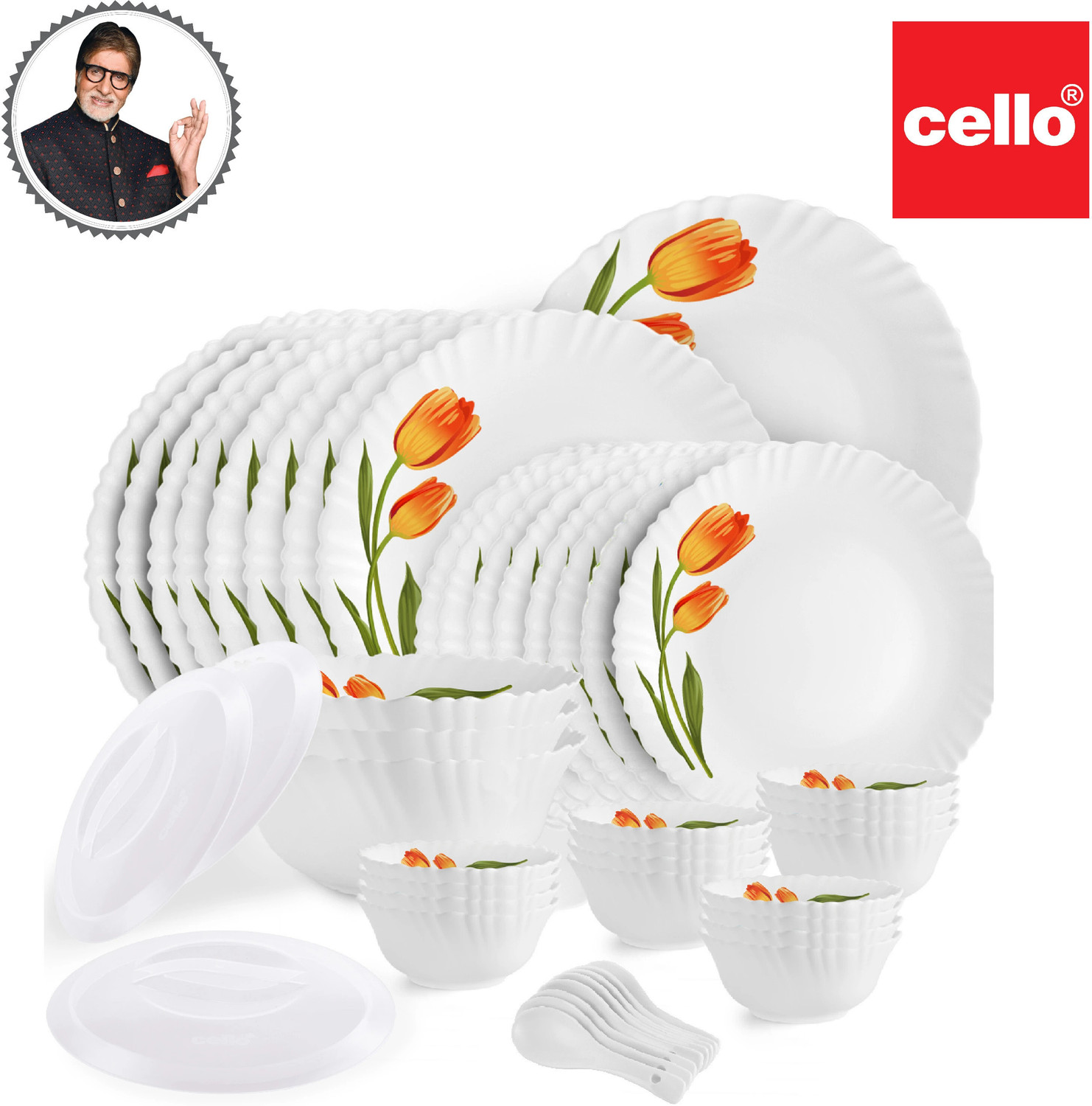 Image of cello Pack of 47 Opalware Dazzle Series Spring Tulip Crockery Set |Dishwasher Safe |Light-Weight Dinner Set (White, Microwave Safe)