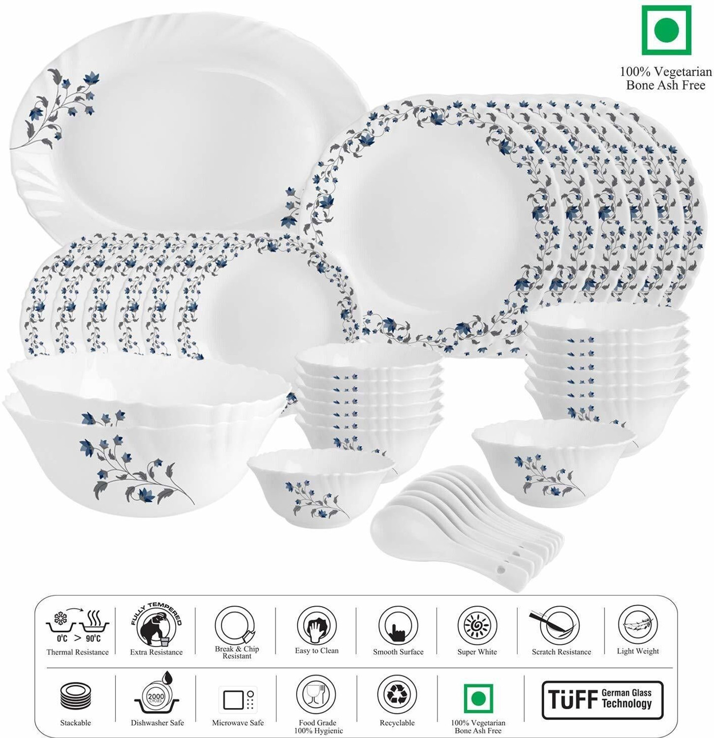 Image of cello Pack of 33 Opalware Vinea Imperial Opal Chip Resistant Dinner Set, 33 Pieces Dinner Set