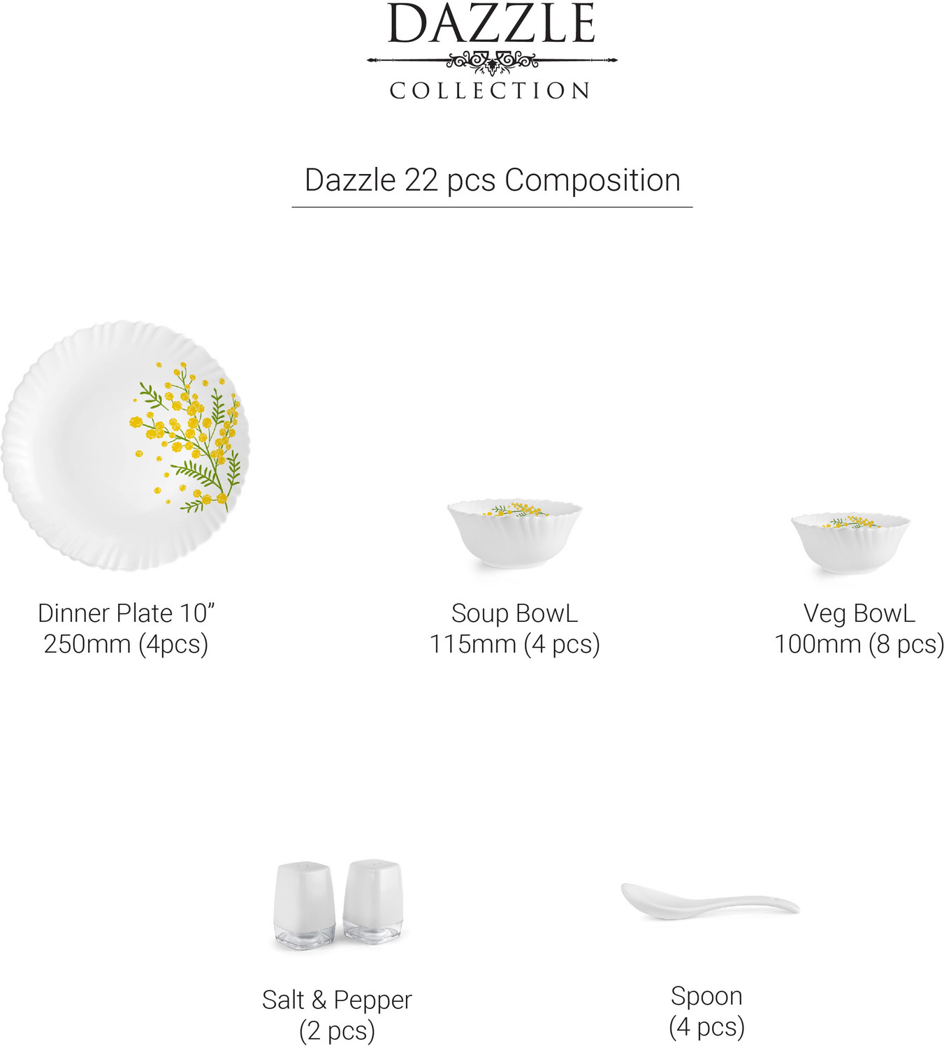 Image of cello Pack of 22 Opalware Dazzle Series Girasol Crockery Set | Dishwasher Safe | Light-Weight Dinner Set (Yellow, Green, Microwave Safe)