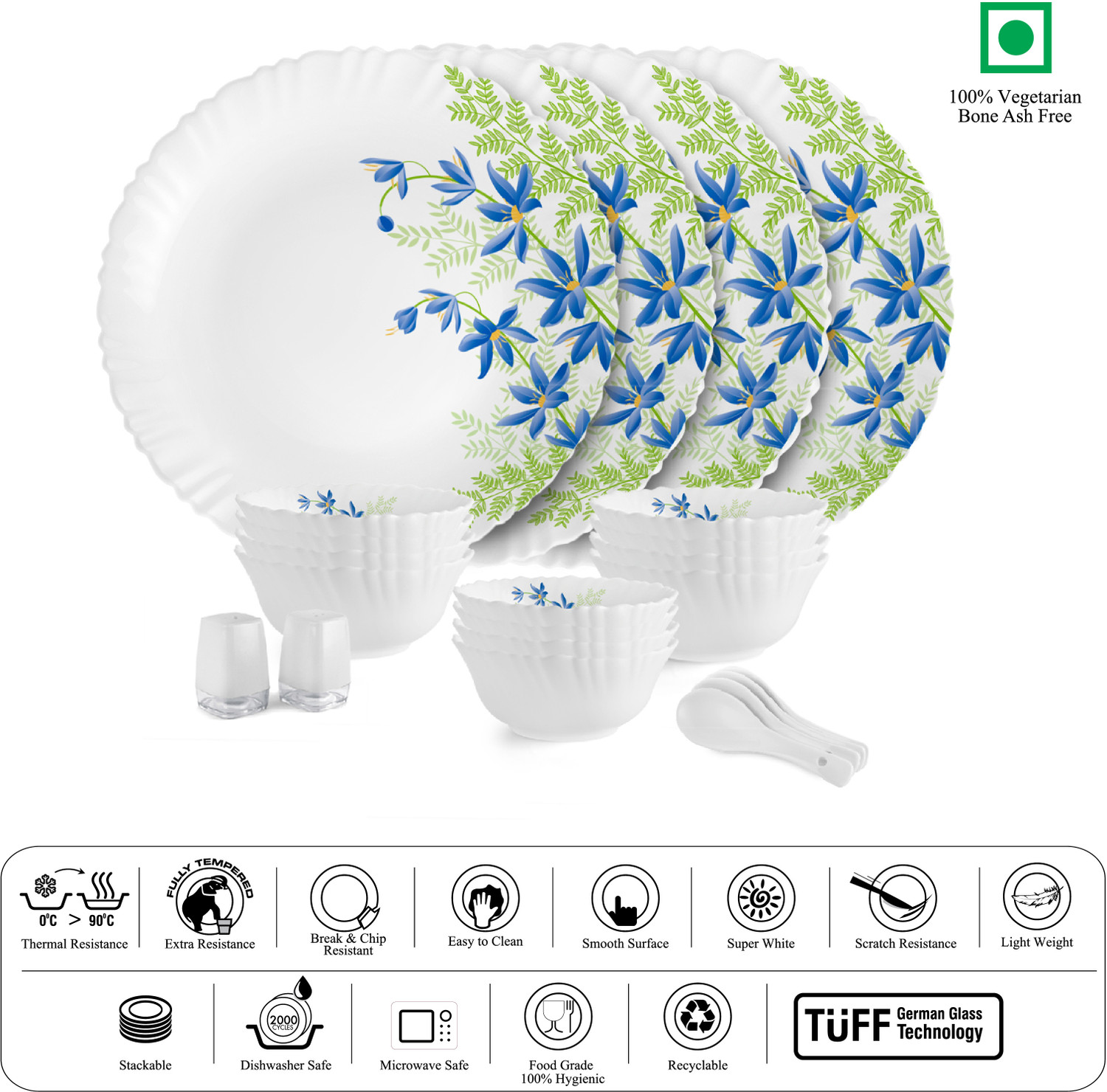 Image of cello Pack of 22 Opalware Dazzle Series Blue Primrose Crockery Set |Dishwasher Safe|Light-Weight Dinner Set (Green, Blue, Microwave Safe)