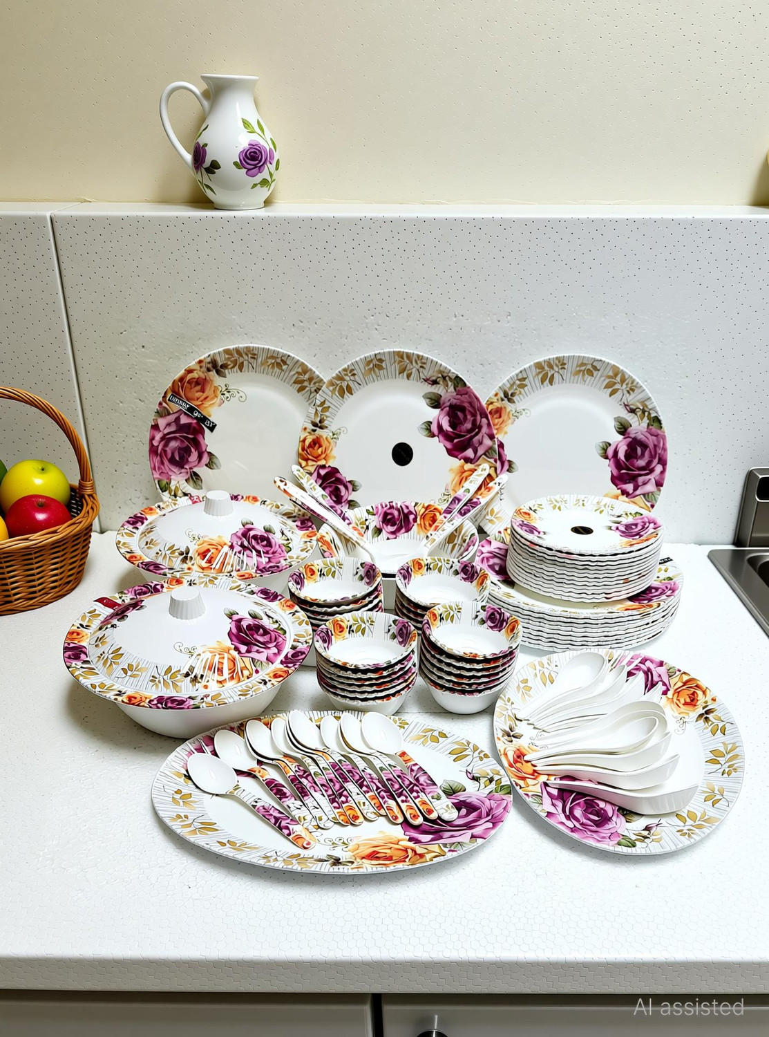 Image of Radhe Crockery Pack of 84 Melamin Dinner Set (White, Pink)